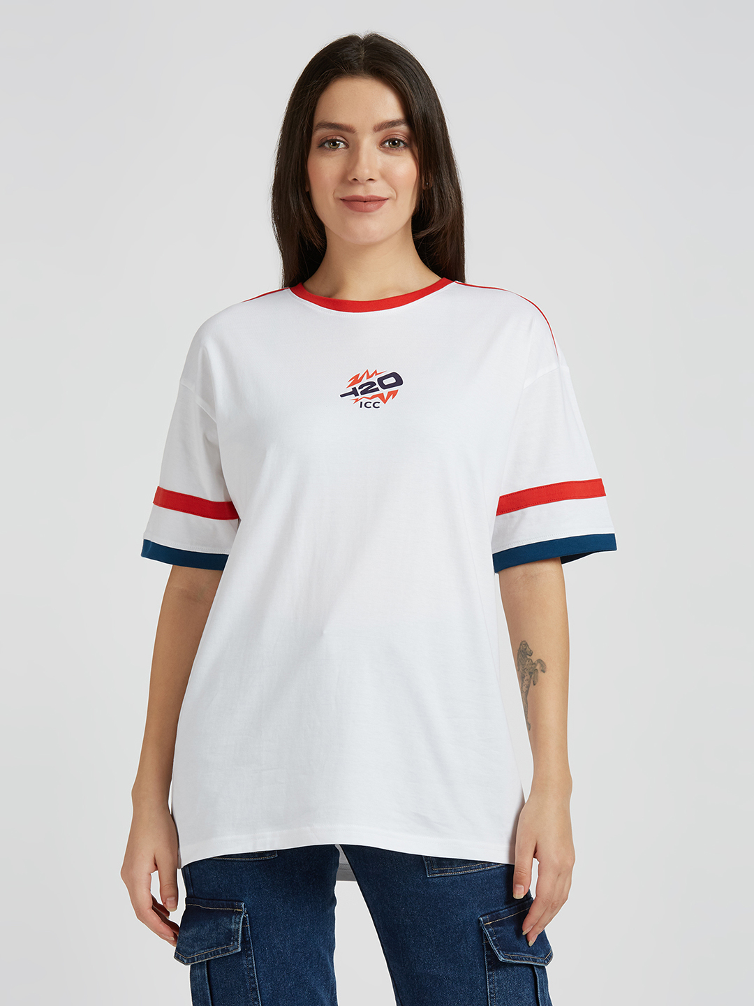 ICC Women's T20 WC-24 White Logo Printed Half Sleeves Round Oversized T-Shirt