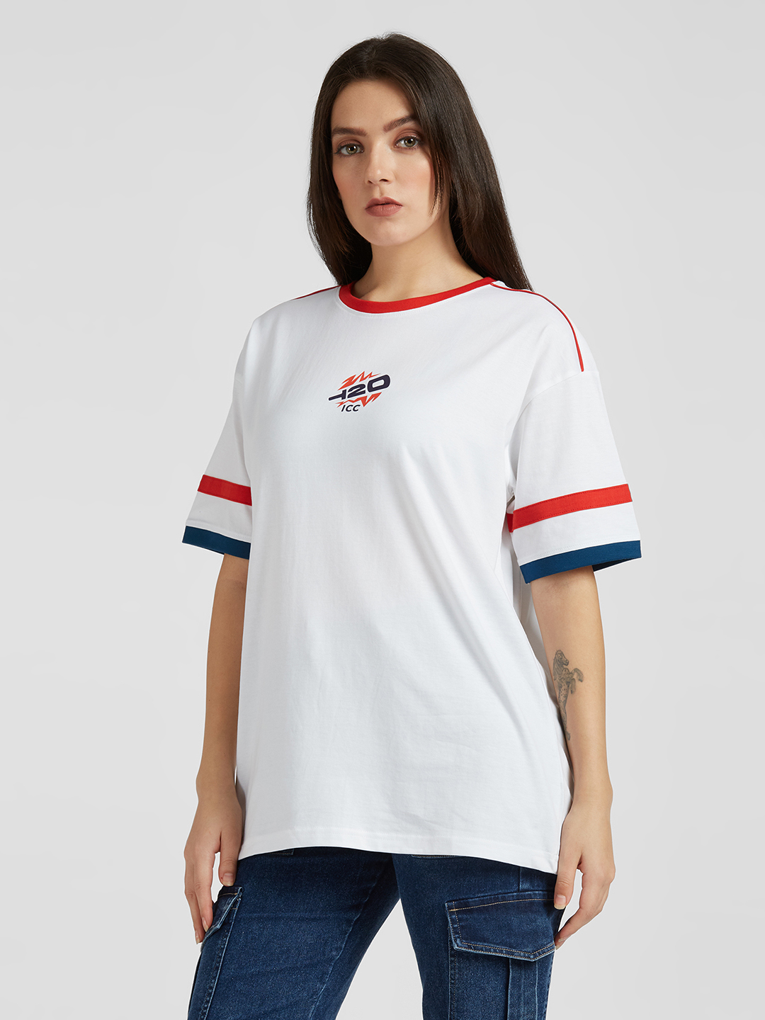 ICC WWC T20 ICC Women's T20 WC-24 White Logo Printed Half Sleeves Round Oversized T-Shirt (2)