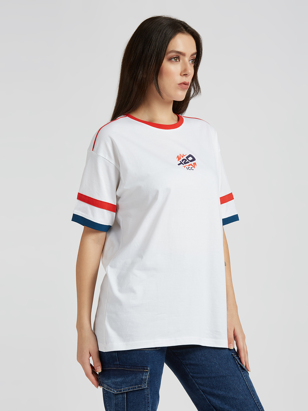 ICC WWC T20 ICC Women's T20 WC-24 White Logo Printed Half Sleeves Round Oversized T-Shirt (3)