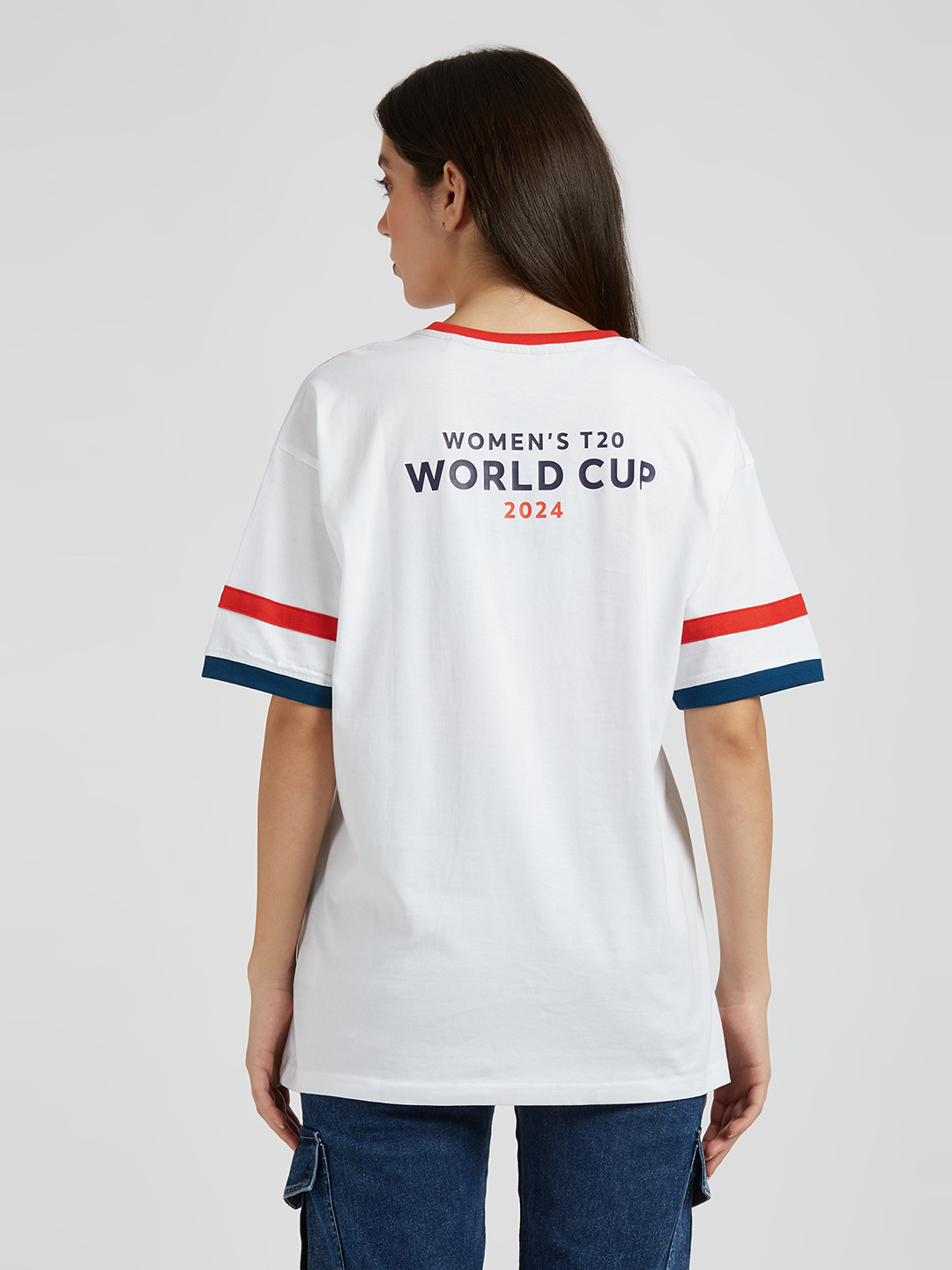 ICC WWC T20 ICC Women's T20 WC-24 White Logo Printed Half Sleeves Round Oversized T-Shirt (4)
