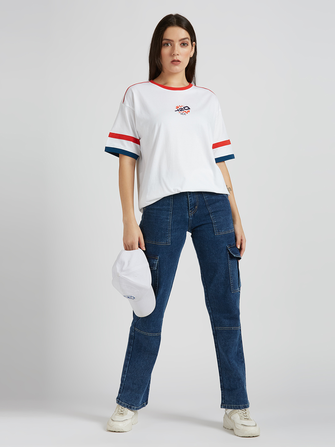ICC WWC T20 ICC Women's T20 WC-24 White Logo Printed Half Sleeves Round Oversized T-Shirt (7)