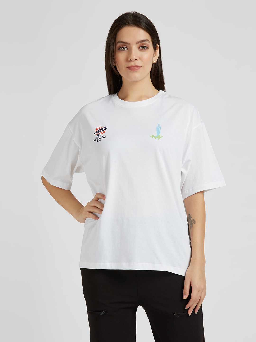 ICC WWC T20 ICC Women's T20 WC-24 White Typography Printed Oversized T-Shirt (2)