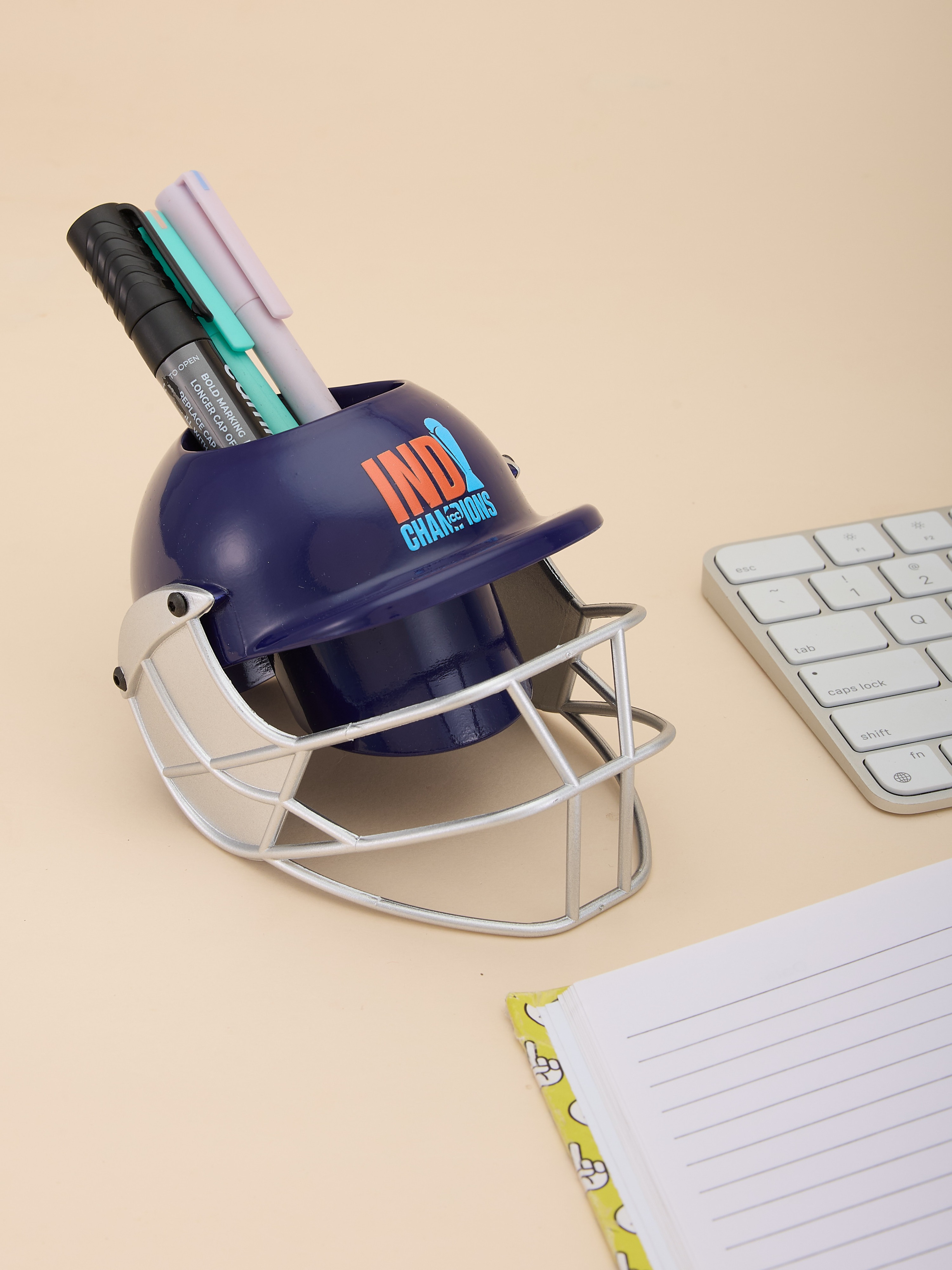 India ICC Champions Trophy 2025 - Helmet Shaped Logo Printed Pen and Pencil Stand, Pen Holder For Office and Home - Blue (3)