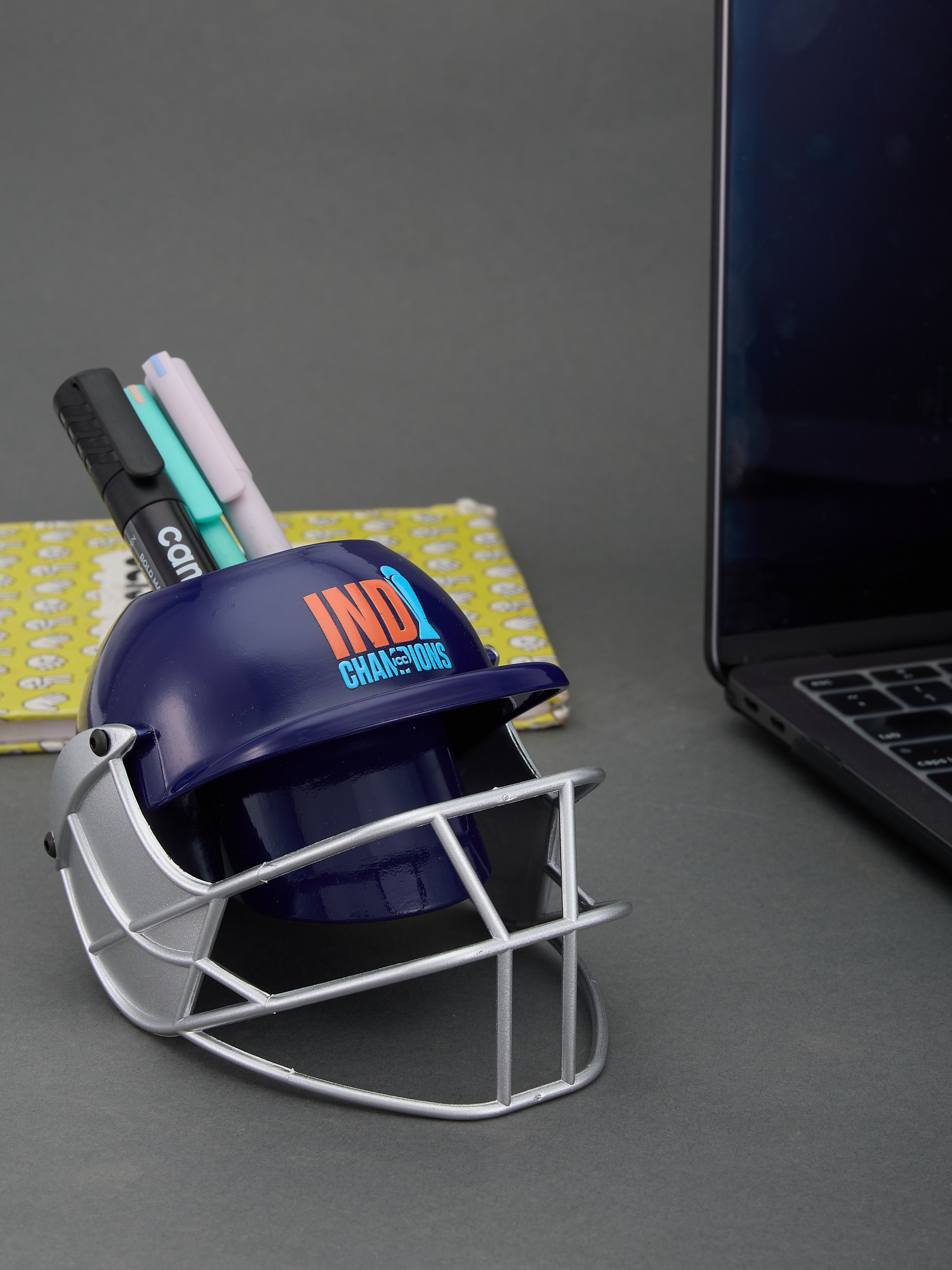 ICC Champions Trophy 2025 - Helmet Shaped Logo Printed Pen and Pencil Stand, Pen Holder For Office and Home - Blue (Pack