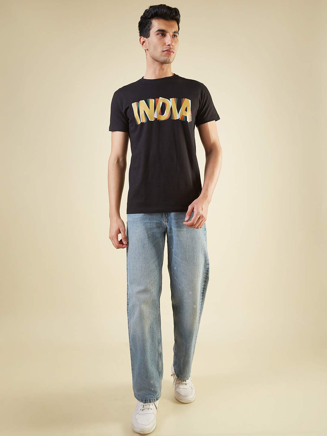 India ICC Champions Trophy 2025 Men Black and Orange Graphic Printed Half Sleeves Round Neck Cotton T-Shirt (5)