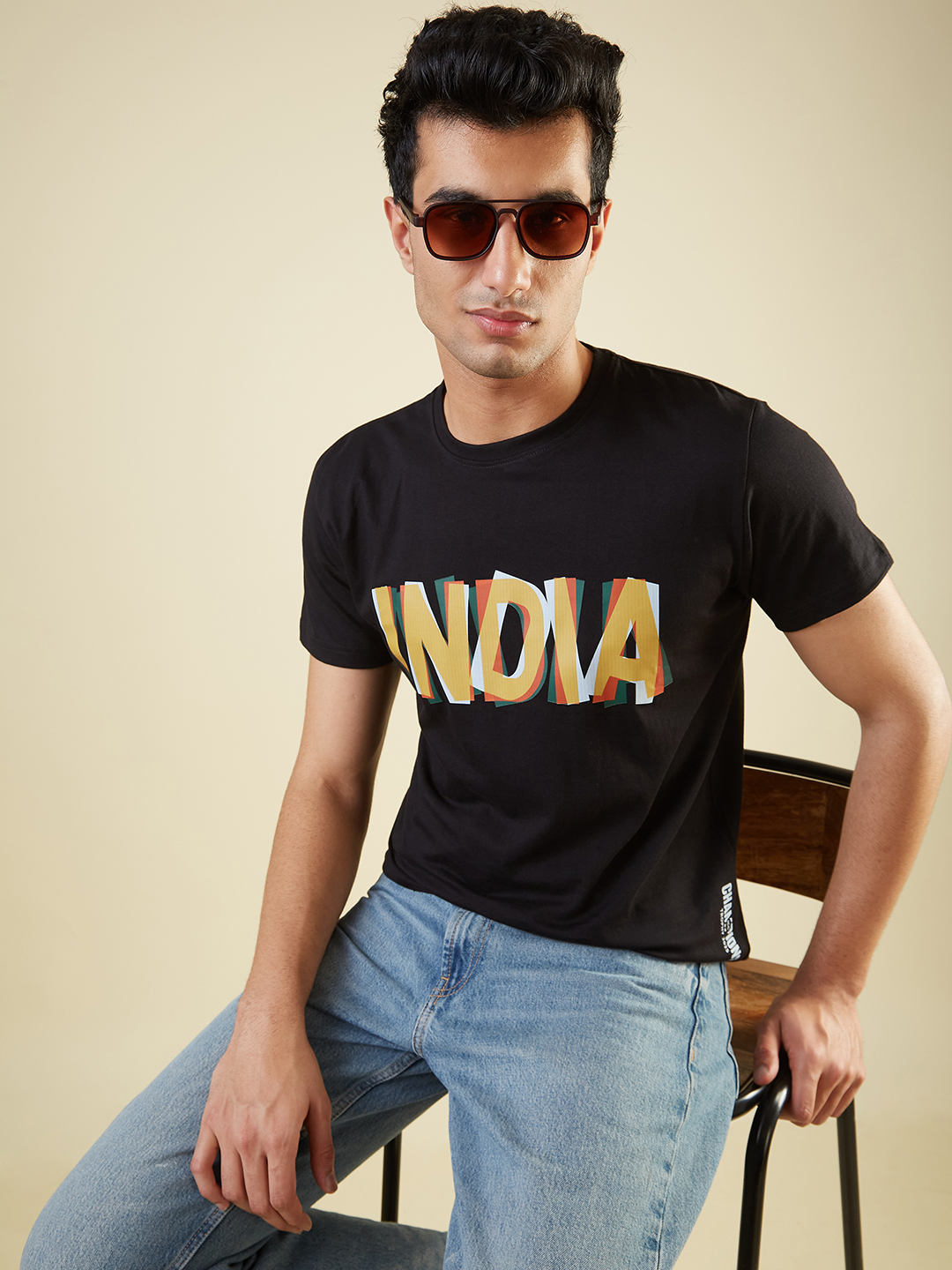 India ICC Champions Trophy 2025 Men Black and Orange Graphic Printed Half Sleeves Round Neck Cotton T-Shirt