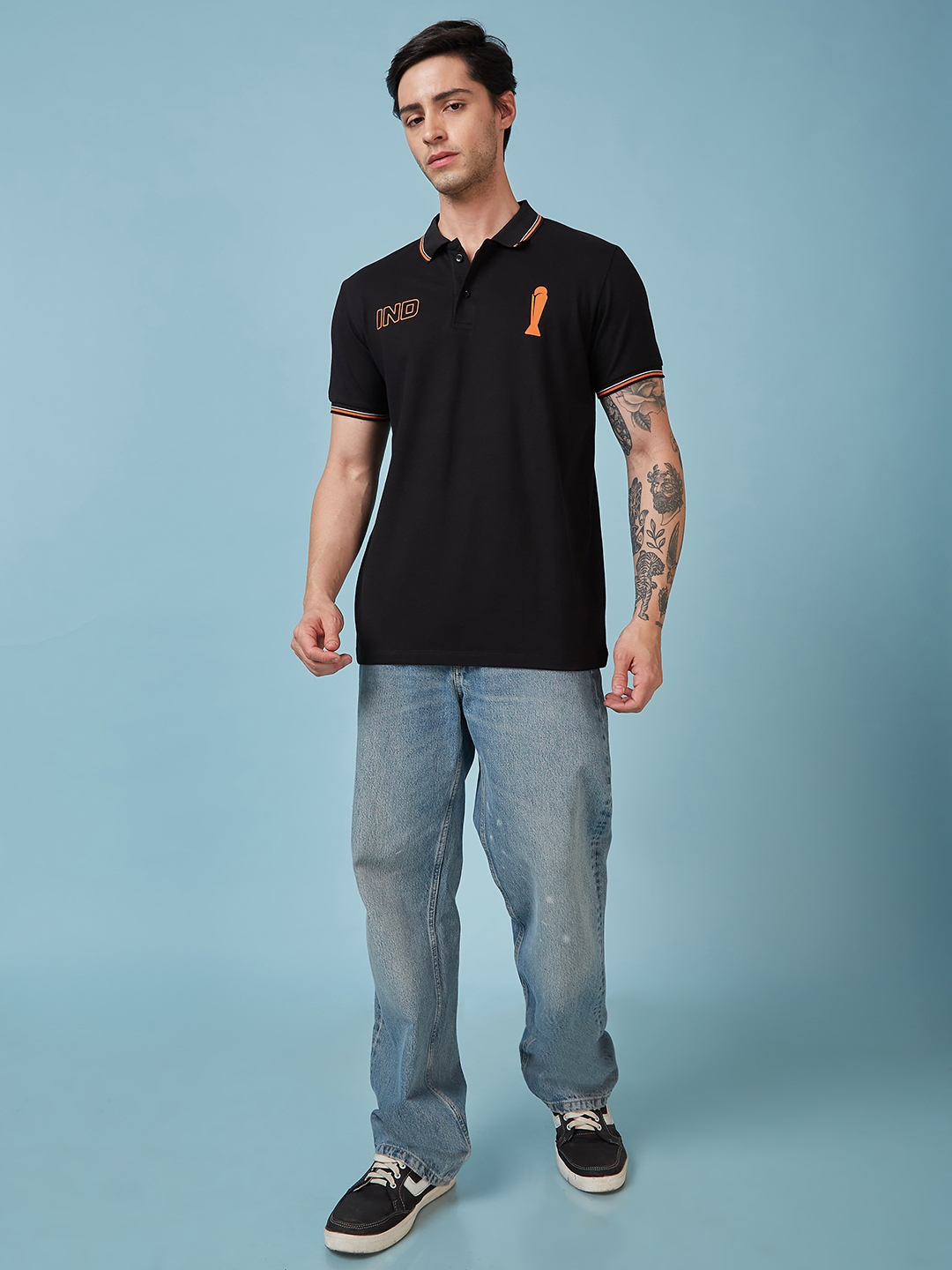 India ICC Champions Trophy 2025 Men Black and Orange Half Sleeve Polo Collar T-Shirt (6)