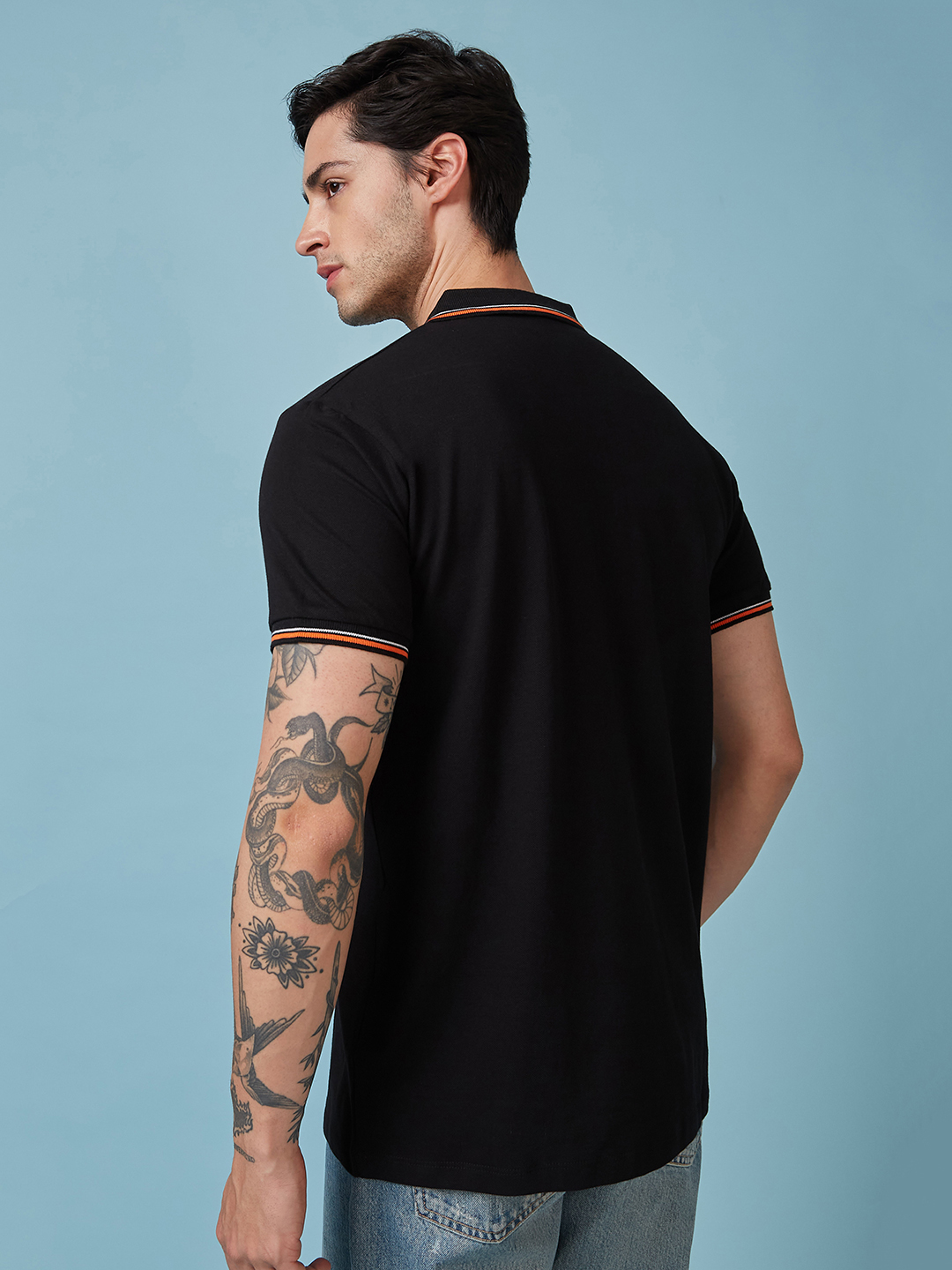 India ICC Champions Trophy 2025 Men Black and Orange Half Sleeve Polo Collar T-Shirt (3)