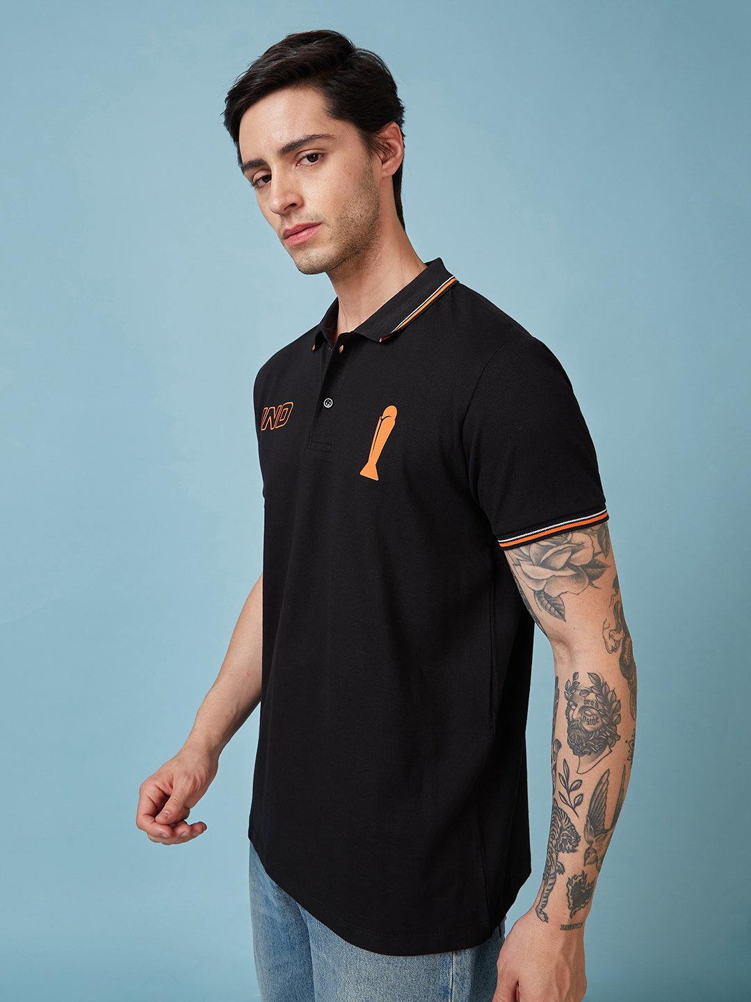 India ICC Champions Trophy 2025 Men Black and Orange Half Sleeve Polo Collar T-Shirt (2)