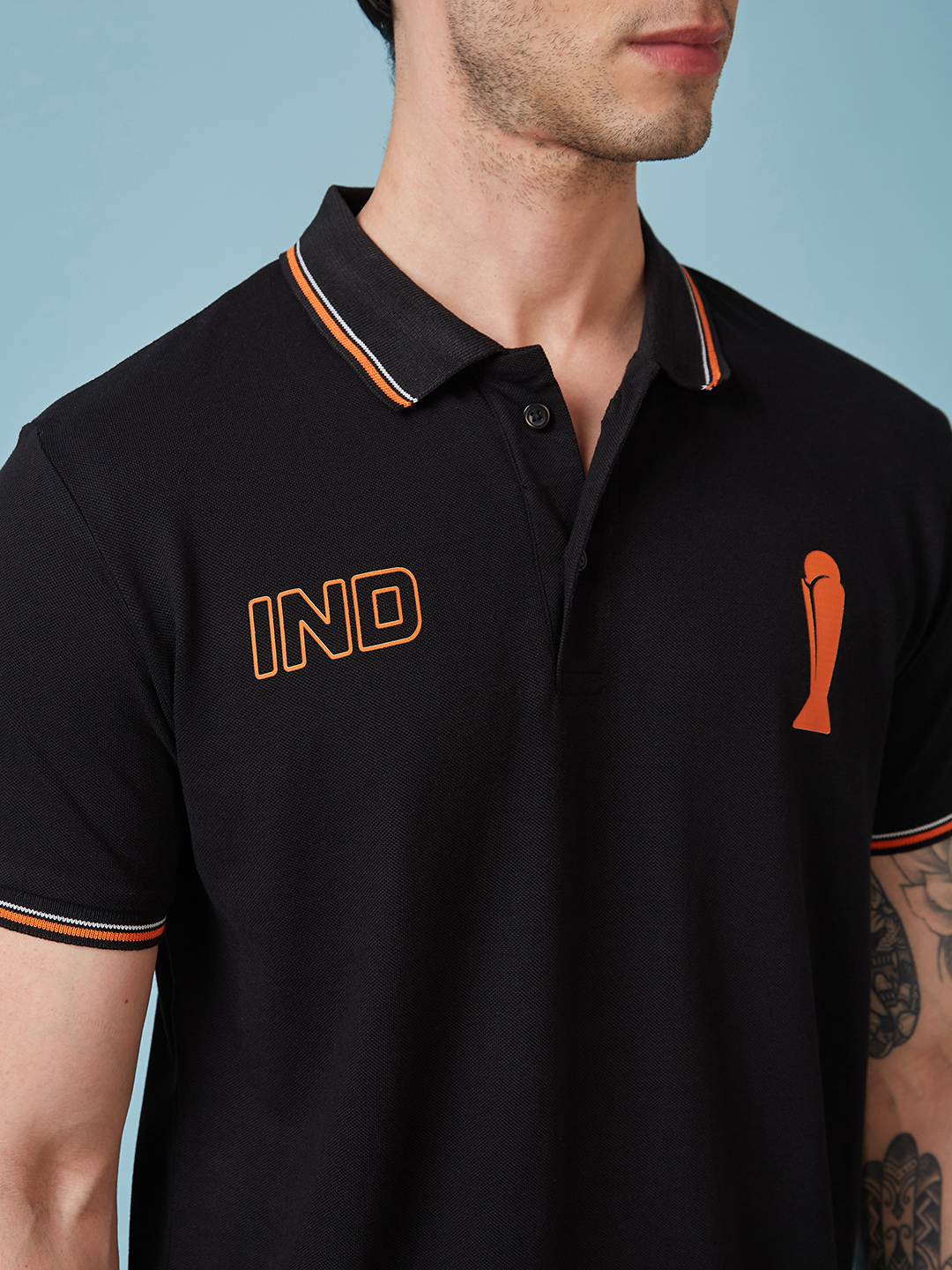 India ICC Champions Trophy 2025 Men Black and Orange Half Sleeve Polo Collar T-Shirt (4)