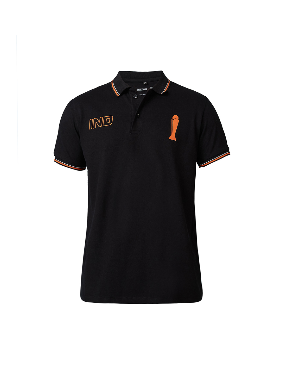 India ICC Champions Trophy 2025 Men Black and Orange Half Sleeve Polo Collar T-Shirt (7)