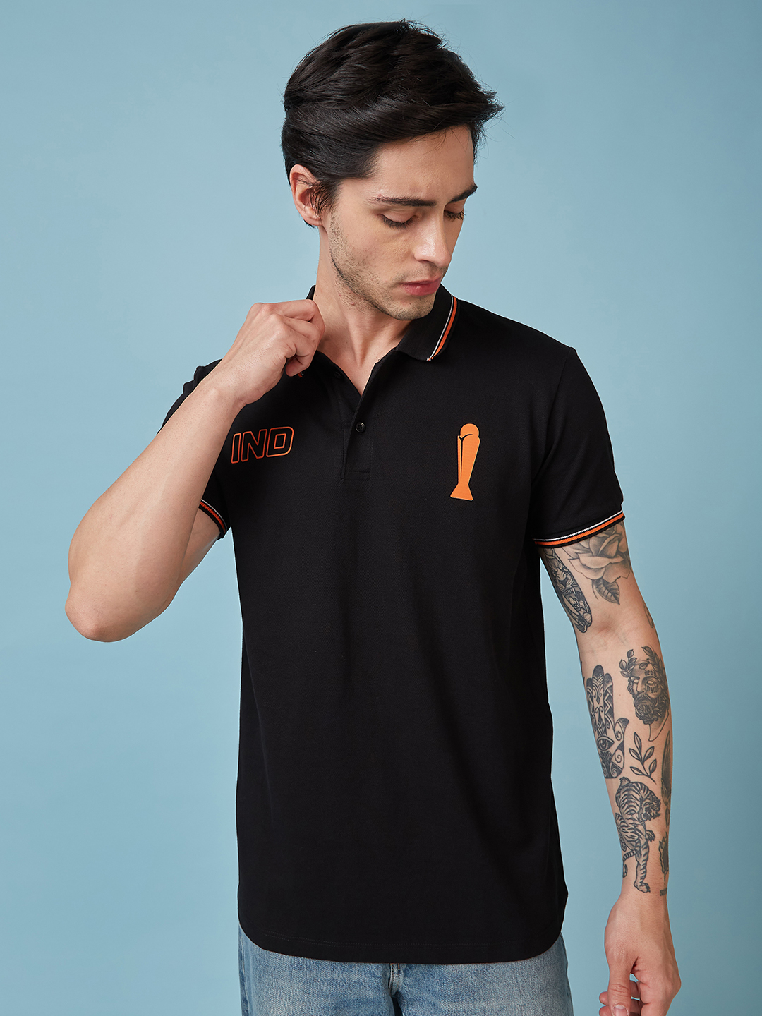 ICC Champions Trophy 2025 Men Black and Orange Half Sleeve Polo Collar T-Shirt