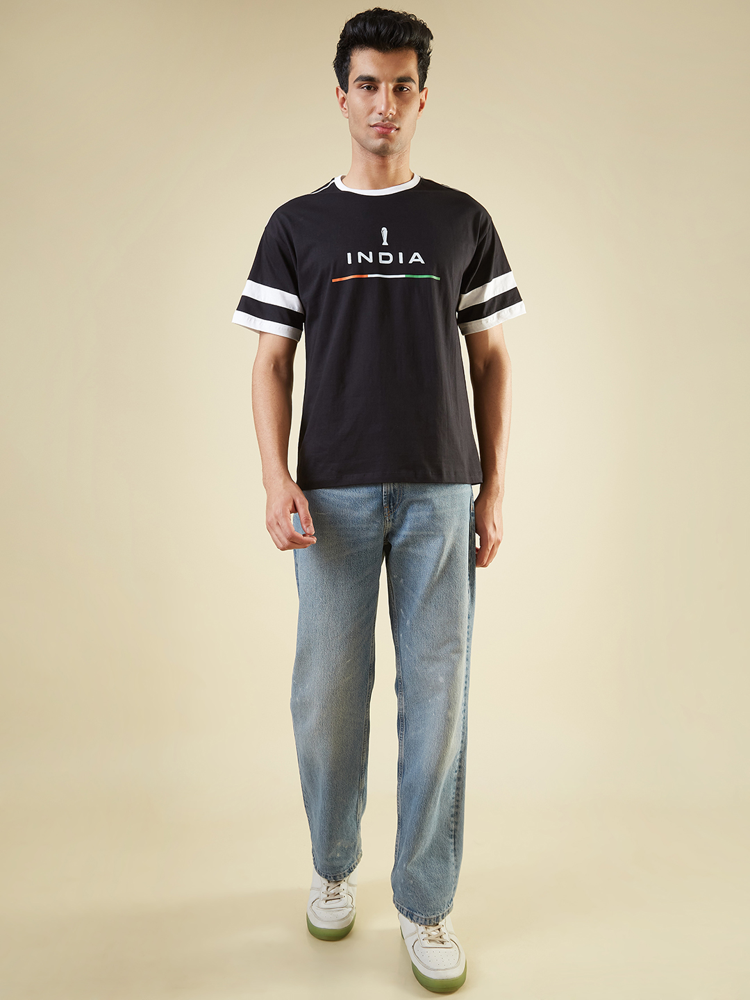 India ICC Champions Trophy 2025 Men Black Typography Printed Half Sleeves Round Neck Cotton Oversized T-shirt (5)