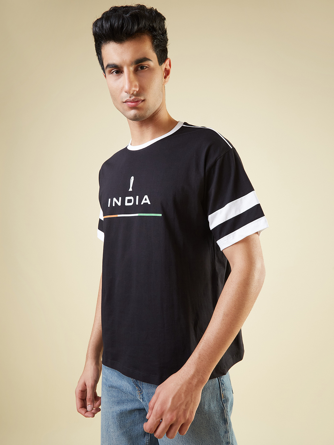 India ICC Champions Trophy 2025 Men Black Typography Printed Half Sleeves Round Neck Cotton Oversized T-shirt (4)