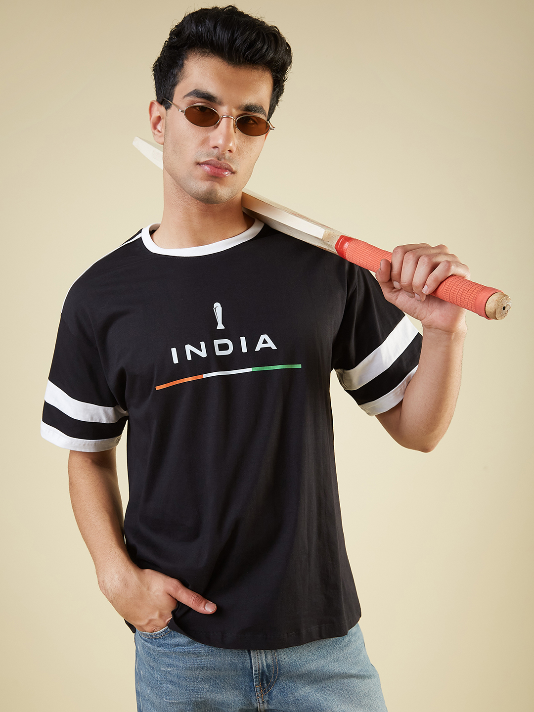 ICC Champions Trophy 2025 Men Black Typography Printed Half Sleeves Round Neck Cotton Oversized T-shirt