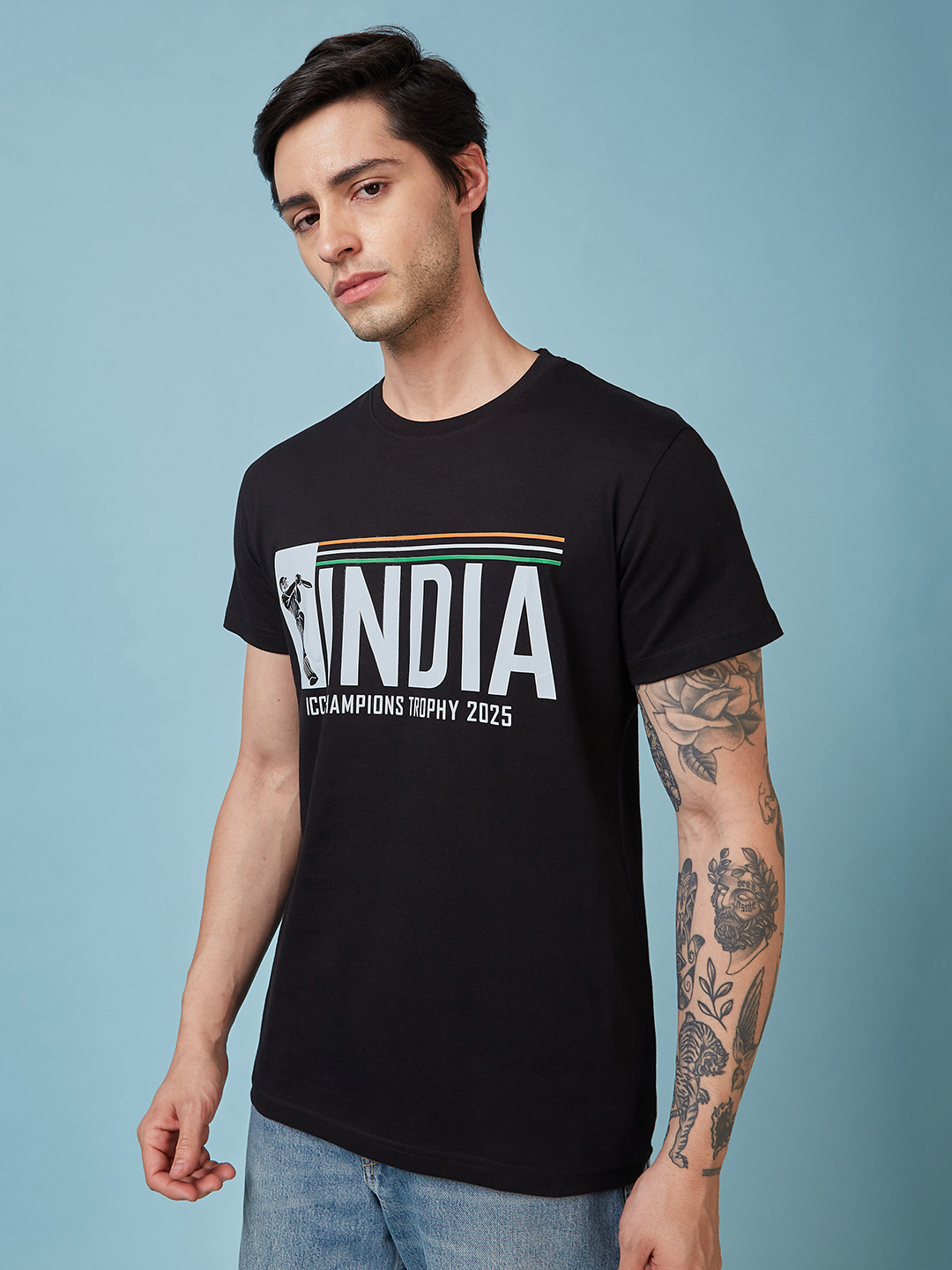India ICC Champions Trophy 2025 Men Black Typography Printed Half Sleeves Round Neck Cotton T-Shirt (2)