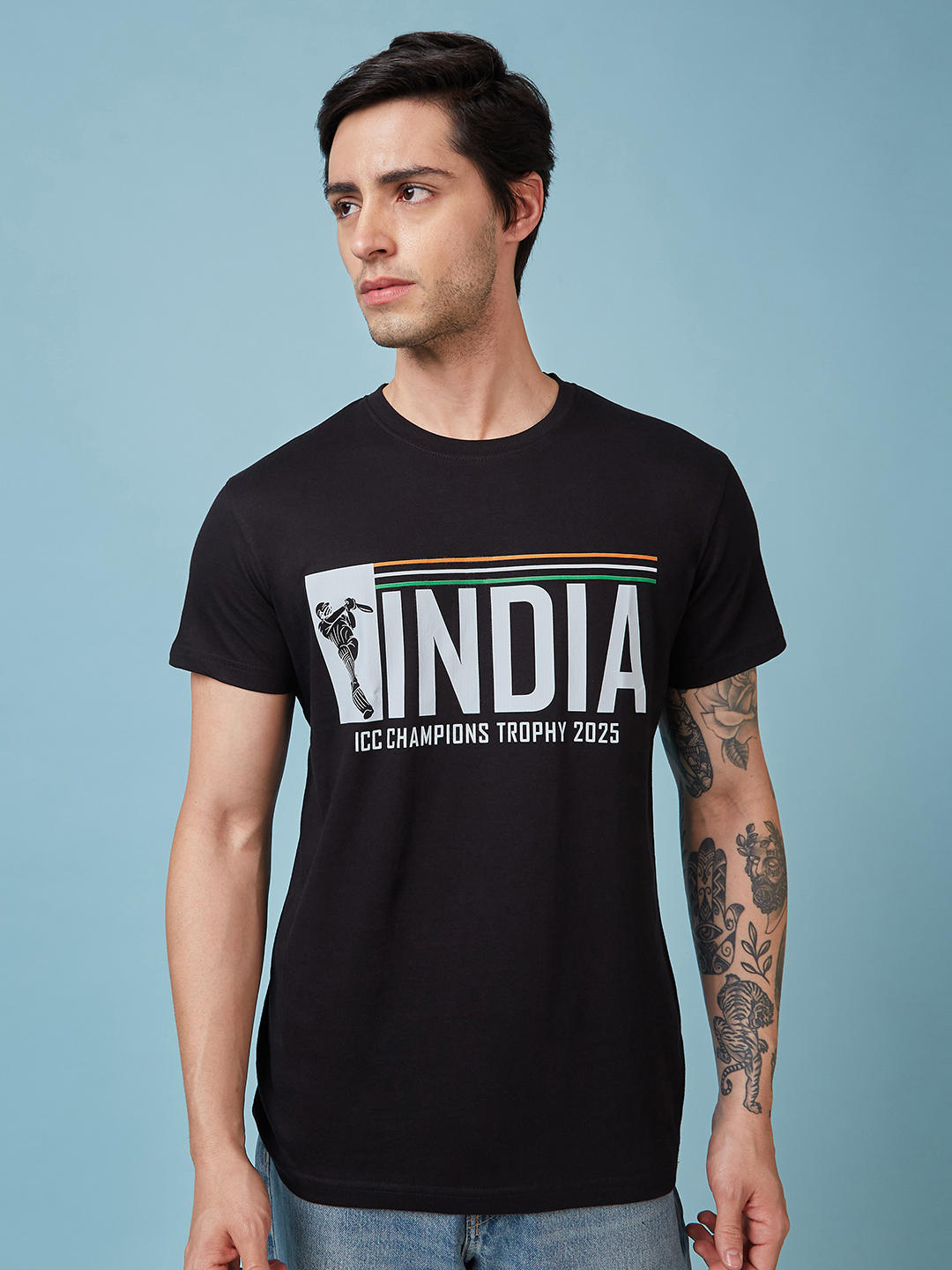 India ICC Champions Trophy 2025 Men Black Typography Printed Half Sleeves Round Neck Cotton T-Shirt