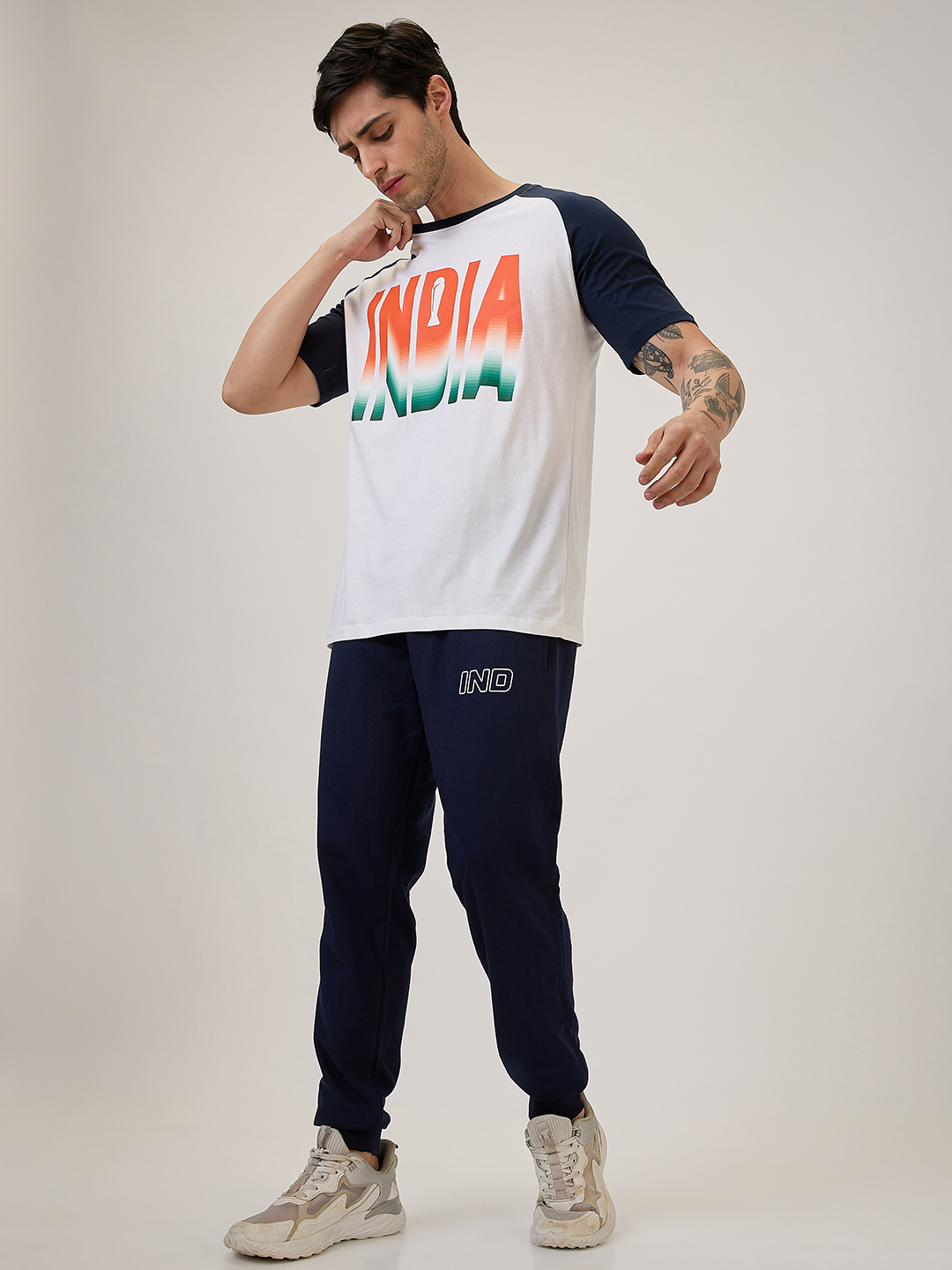 India ICC Champions Trophy 2025 Men Colorblocked White and Navy Blue Printed Half Sleeves Round Neck Cotton T-Shirt (5)
