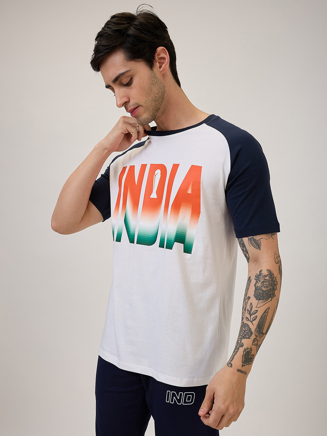 India ICC Champions Trophy 2025 Men Colorblocked White and Navy Blue Printed Half Sleeves Round Neck Cotton T-Shirt (2)
