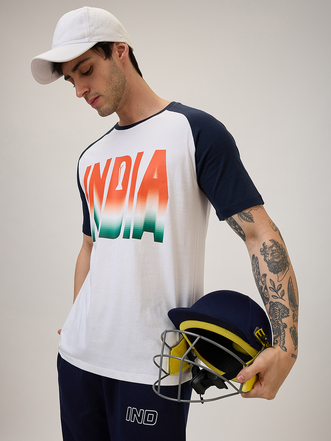 India ICC Champions Trophy 2025 Men Colorblocked White and Navy Blue Printed Half Sleeves Round Neck Cotton T-Shirt