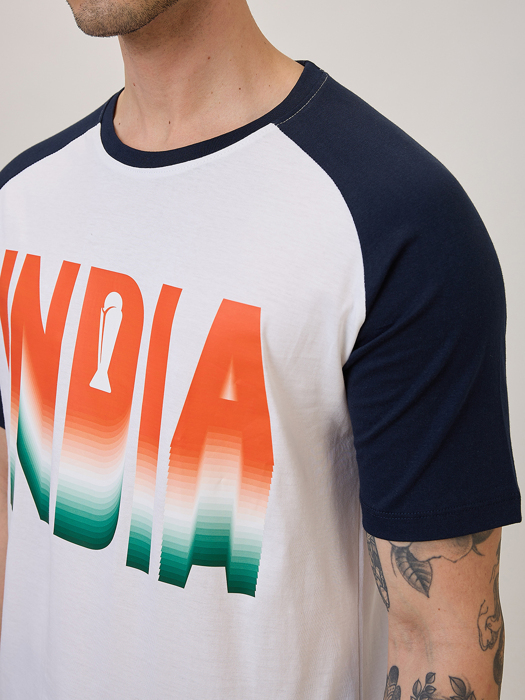 India ICC Champions Trophy 2025 Men Colorblocked White and Navy Blue Printed Half Sleeves Round Neck Cotton T-Shirt (4)