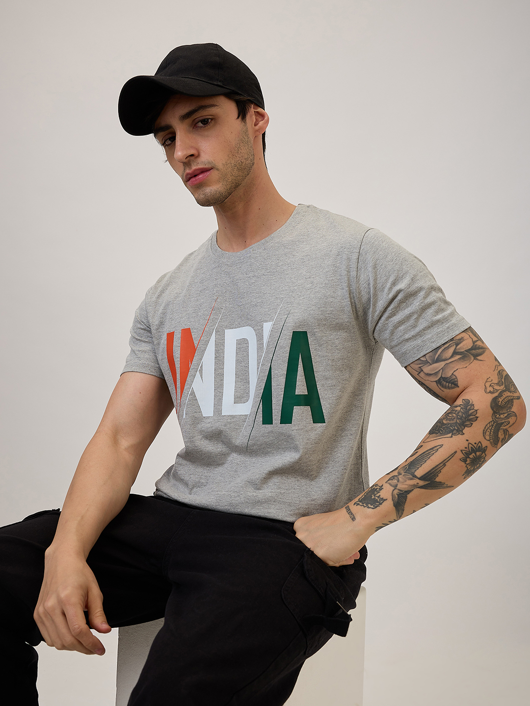 India ICC Champions Trophy 2025 Men Grey Graphic Printed Half Sleeves Round Neck Cotton T-Shirt
