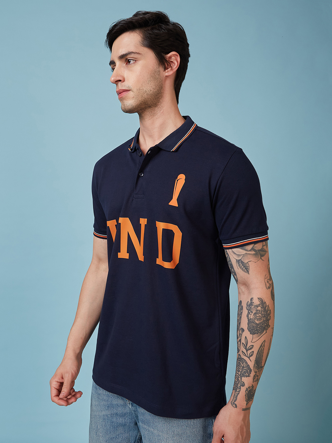 India ICC Champions Trophy 2025 Men Navy and Orange Graphic Printed Half Sleeves Polo Collar T-Shirt  (2)