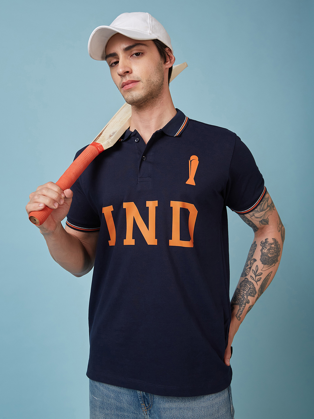 ICC Champions Trophy 2025 Men Navy and Orange Graphic Printed Half Sleeves Polo Collar T-Shirt 