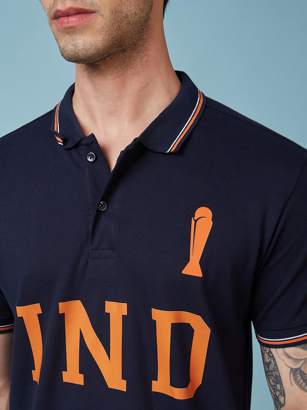 India ICC Champions Trophy 2025 Men Navy and Orange Graphic Printed Half Sleeves Polo Collar T-Shirt  (4)