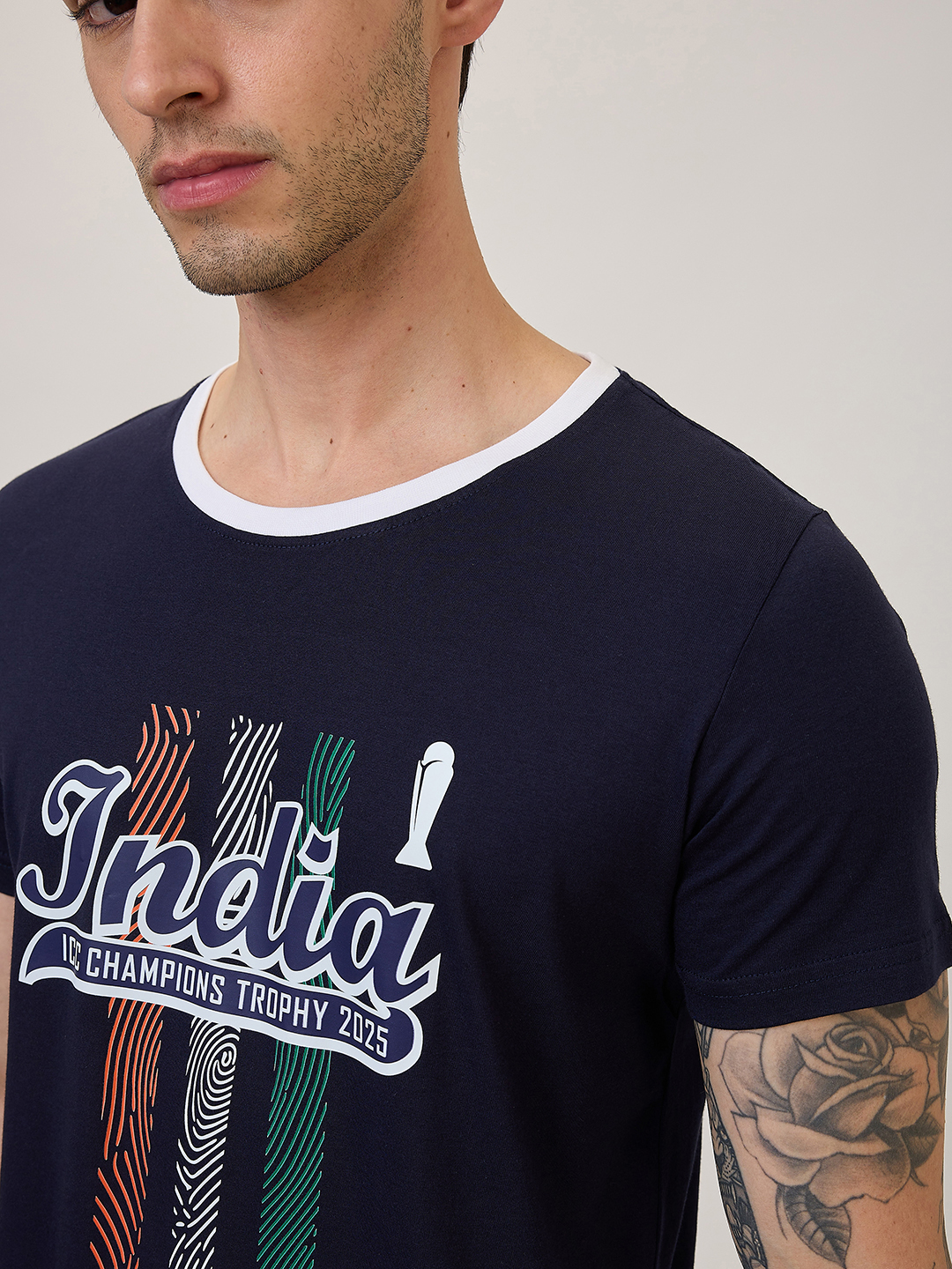 India ICC Champions Trophy 2025 Men Navy Blue and White Graphic Printed Half Sleeves Round Neck Cotton T-Shirt (4)