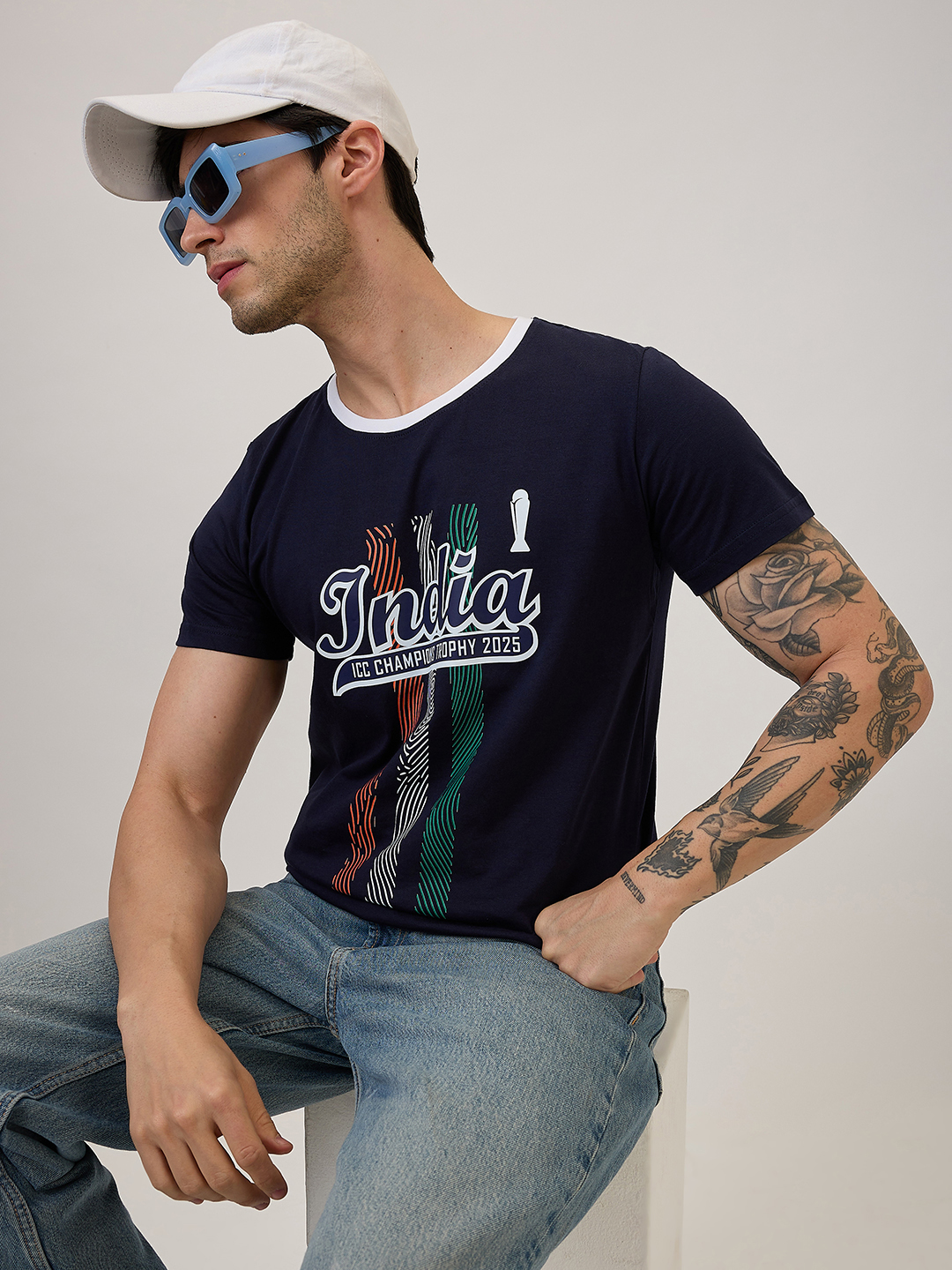 India ICC Champions Trophy 2025 Men Navy Blue and White Graphic Printed Half Sleeves Round Neck Cotton T-Shirt