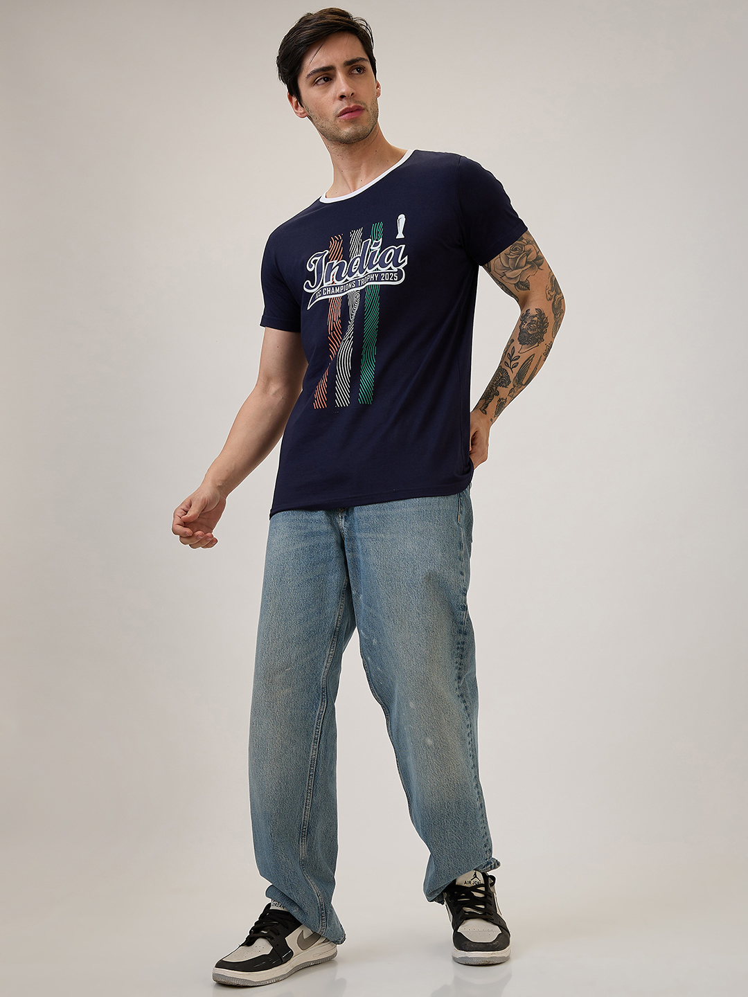 India ICC Champions Trophy 2025 Men Navy Blue and White Graphic Printed Half Sleeves Round Neck Cotton T-Shirt (5)