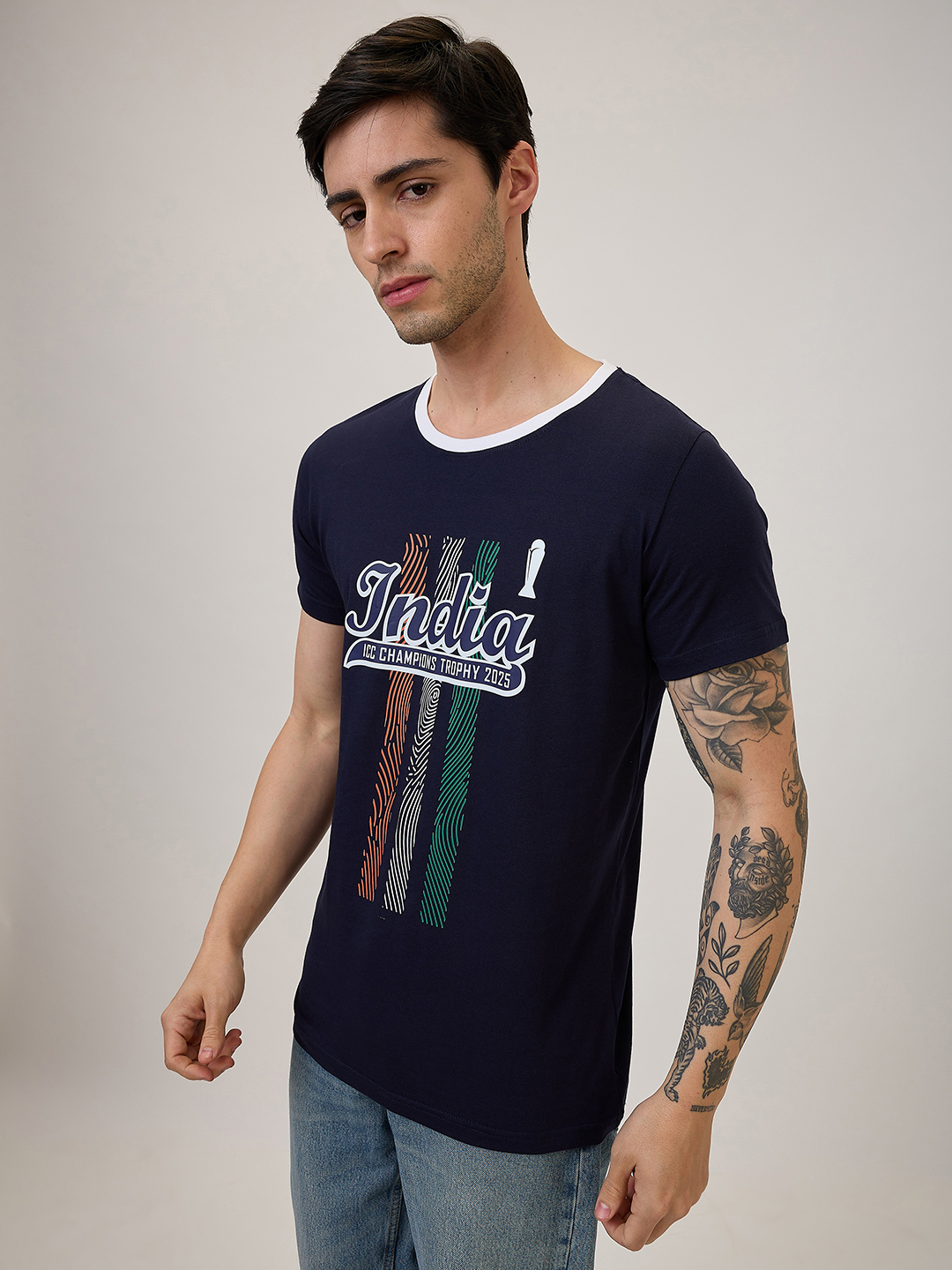 India ICC Champions Trophy 2025 Men Navy Blue and White Graphic Printed Half Sleeves Round Neck Cotton T-Shirt (2)