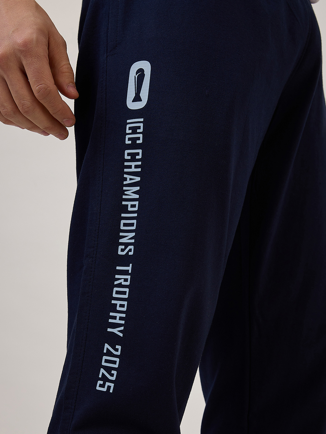 India ICC Champions Trophy 2025 Men Navy Blue Printed Typography Mid Rise Regular Fit Cotton Training Joggers (5)