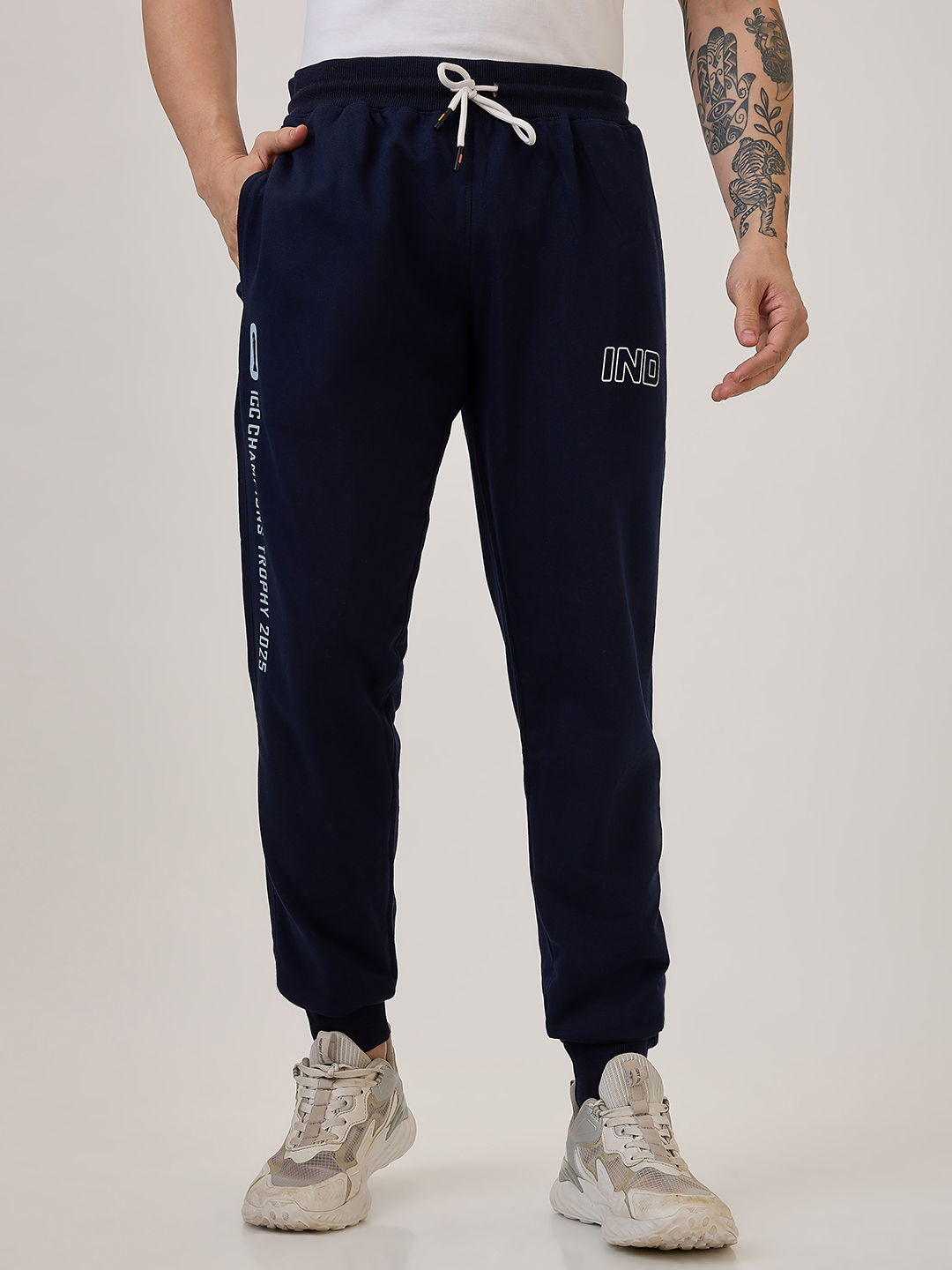 ICC Champions Trophy 2025 Men Navy Blue Printed Typography Mid Rise Regular Fit Cotton Training Joggers