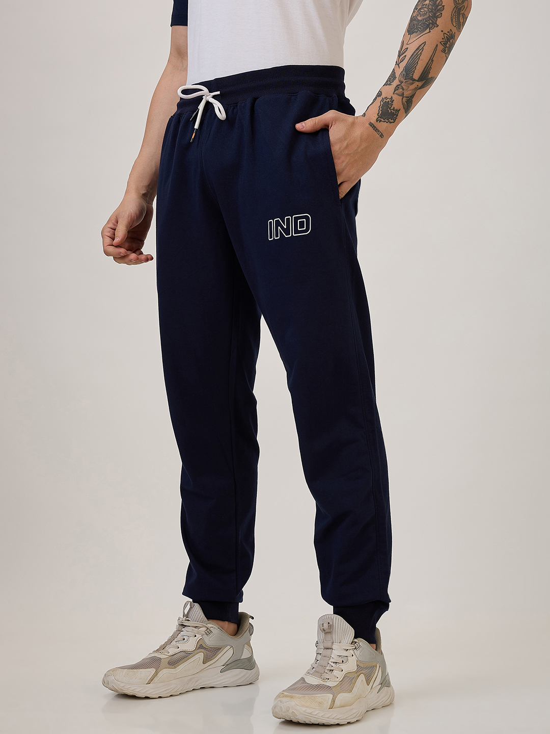 India ICC Champions Trophy 2025 Men Navy Blue Printed Typography Mid Rise Regular Fit Cotton Training Joggers (3)