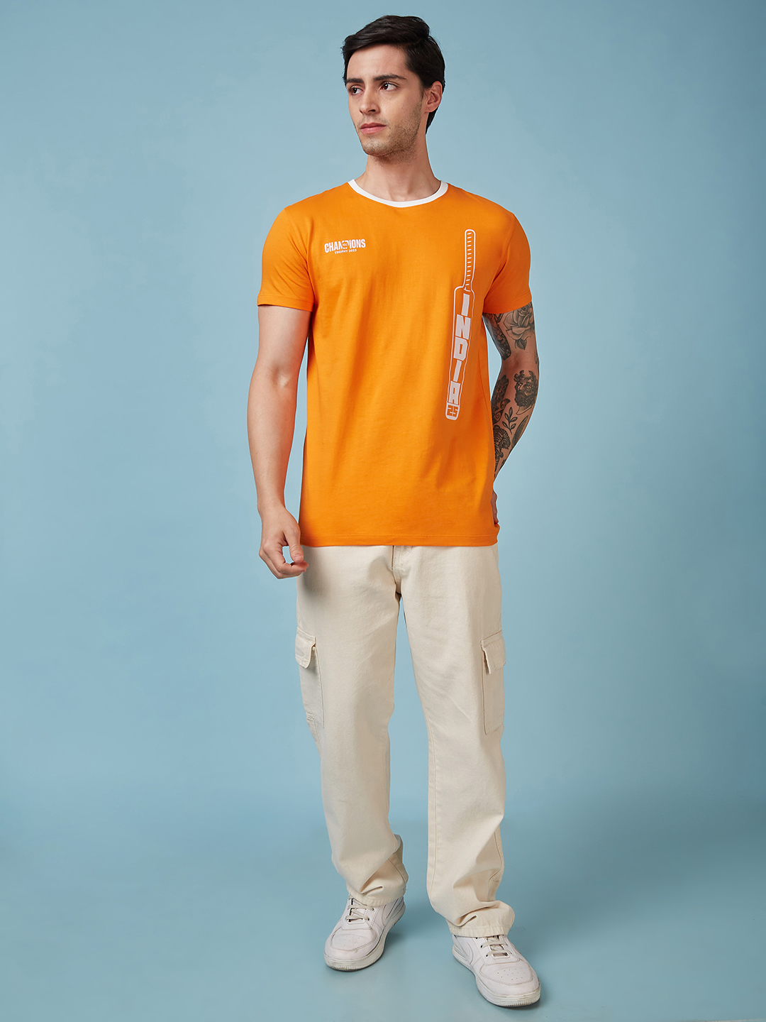 India ICC Champions Trophy 2025 Men Orange and White Graphic Printed Half Sleeves Round Neck Cotton T-Shirt (6)