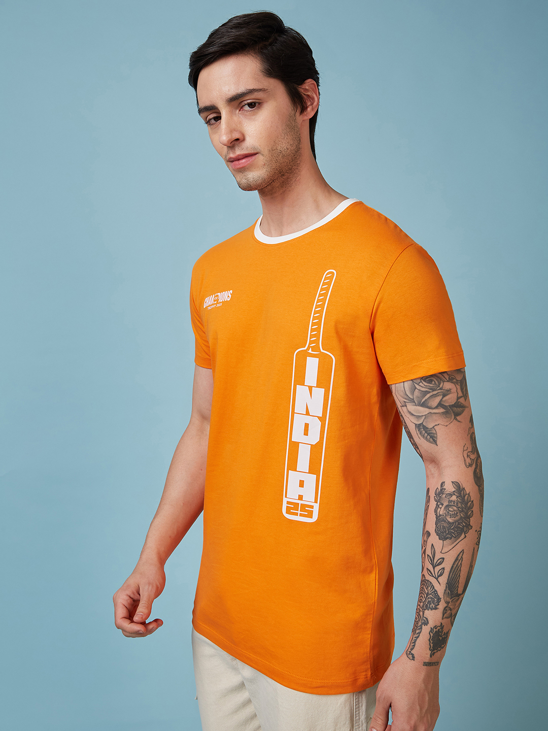 India ICC Champions Trophy 2025 Men Orange and White Graphic Printed Half Sleeves Round Neck Cotton T-Shirt (2)