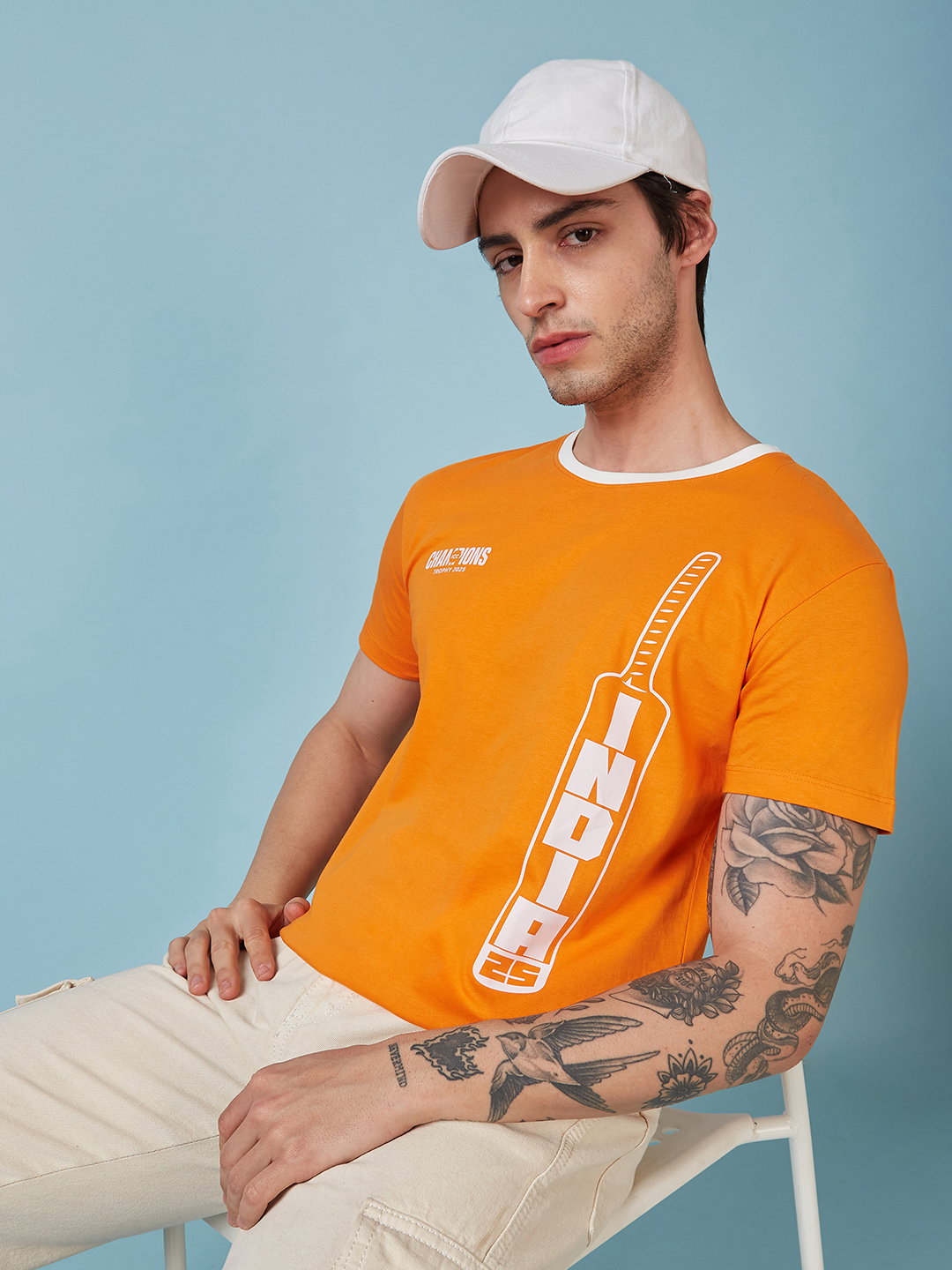 India ICC Champions Trophy 2025 Men Orange and White Graphic Printed Half Sleeves Round Neck Cotton T-Shirt