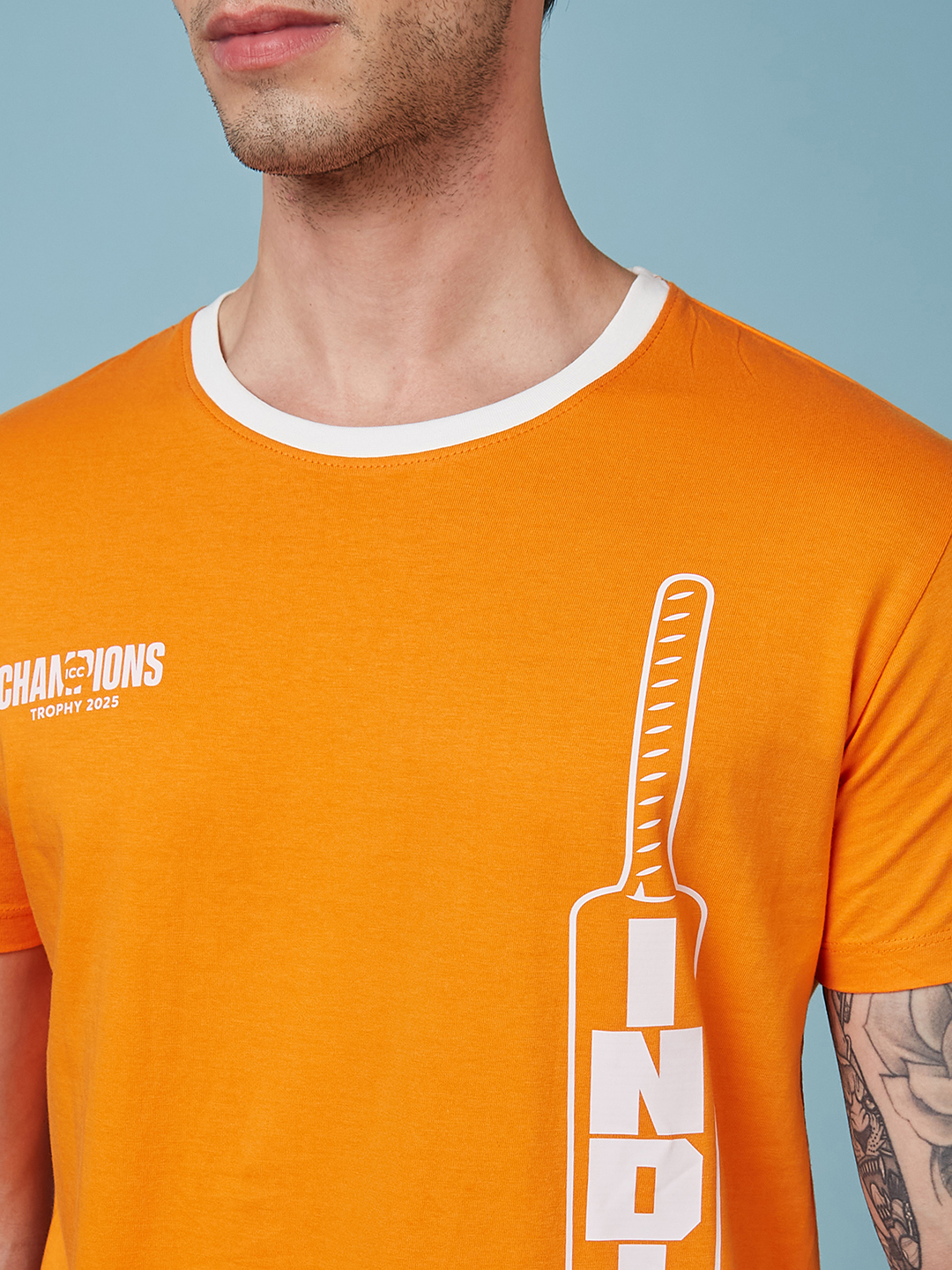 India ICC Champions Trophy 2025 Men Orange and White Graphic Printed Half Sleeves Round Neck Cotton T-Shirt (4)