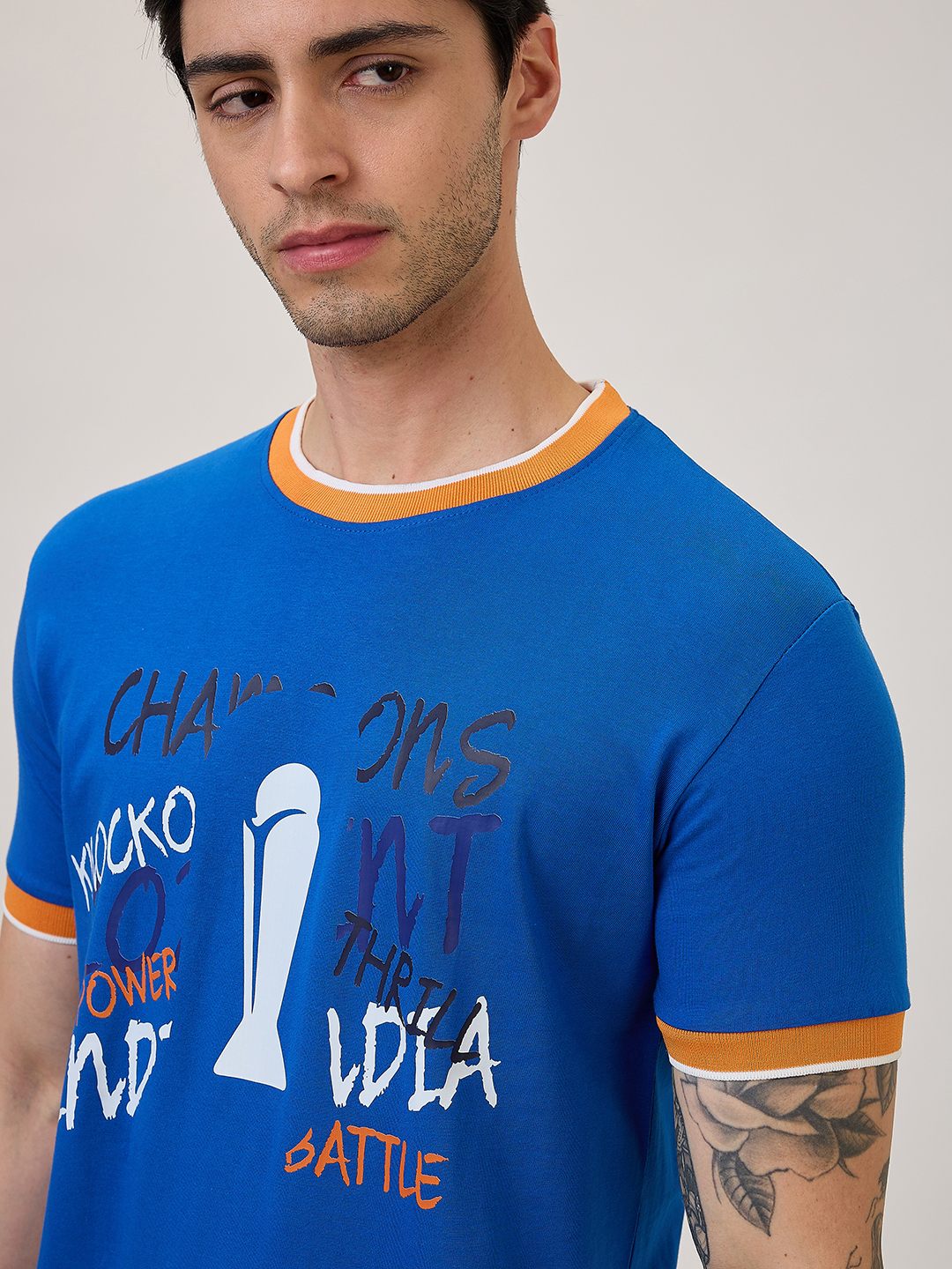 India ICC Champions Trophy 2025 Men Royal Blue and Orange Printed Half Sleeves Round Neck Cotton T-Shirt (4)