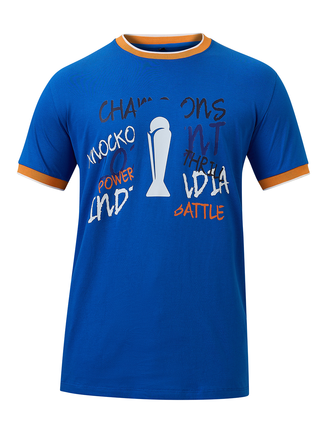 India ICC Champions Trophy 2025 Men Royal Blue and Orange Printed Half Sleeves Round Neck Cotton T-Shirt (6)
