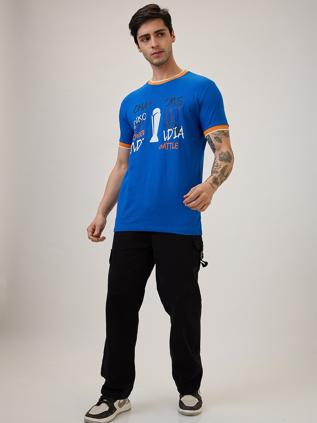 India ICC Champions Trophy 2025 Men Royal Blue and Orange Printed Half Sleeves Round Neck Cotton T-Shirt (5)