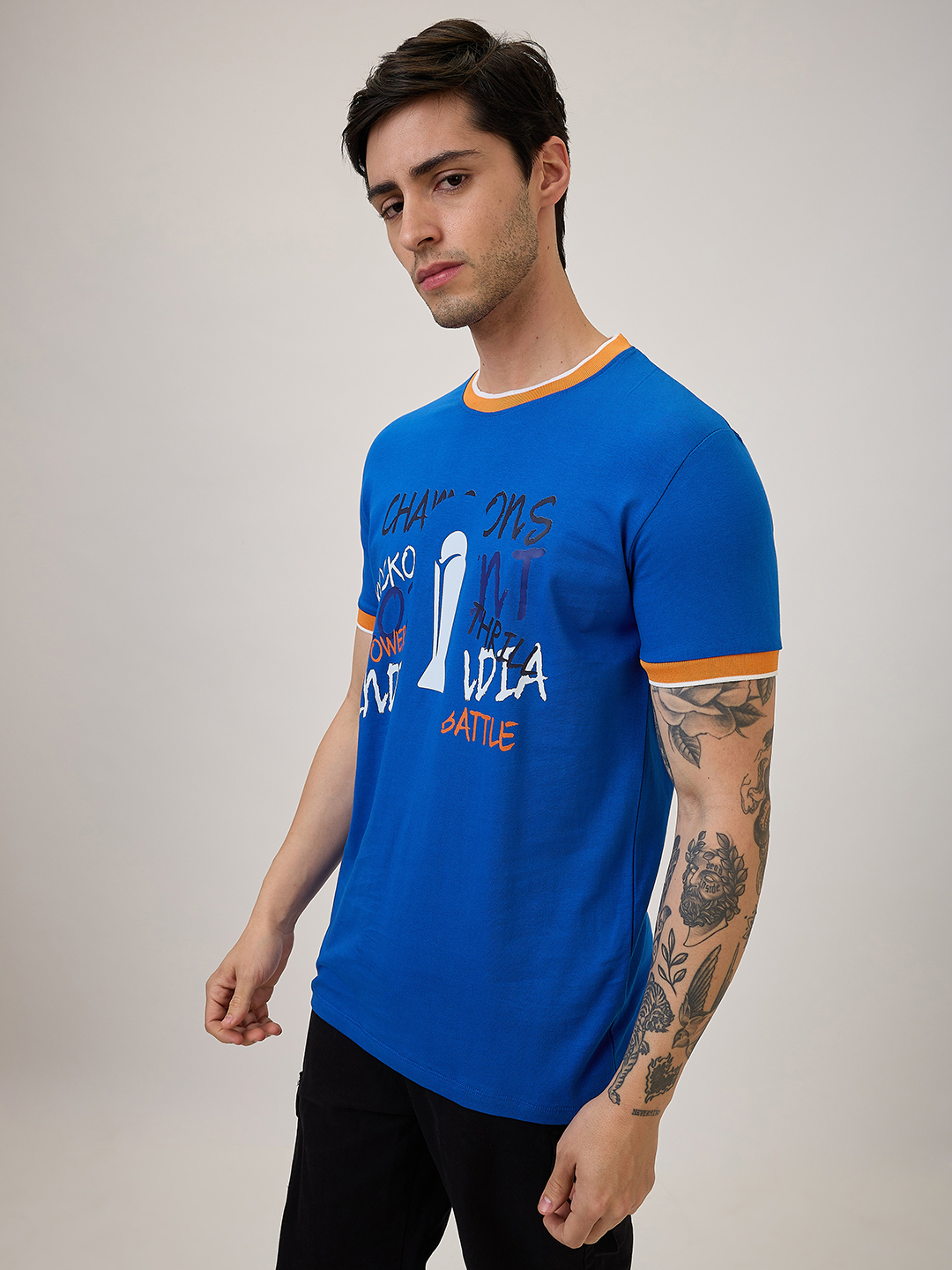 India ICC Champions Trophy 2025 Men Royal Blue and Orange Printed Half Sleeves Round Neck Cotton T-Shirt (2)
