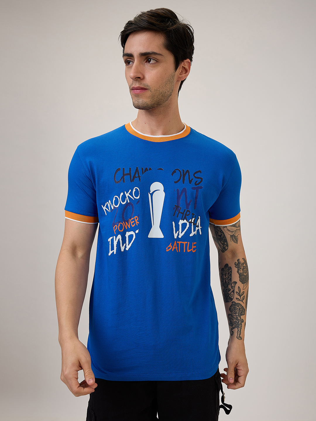 India ICC Champions Trophy 2025 Men Royal Blue and Orange Printed Half Sleeves Round Neck Cotton T-Shirt