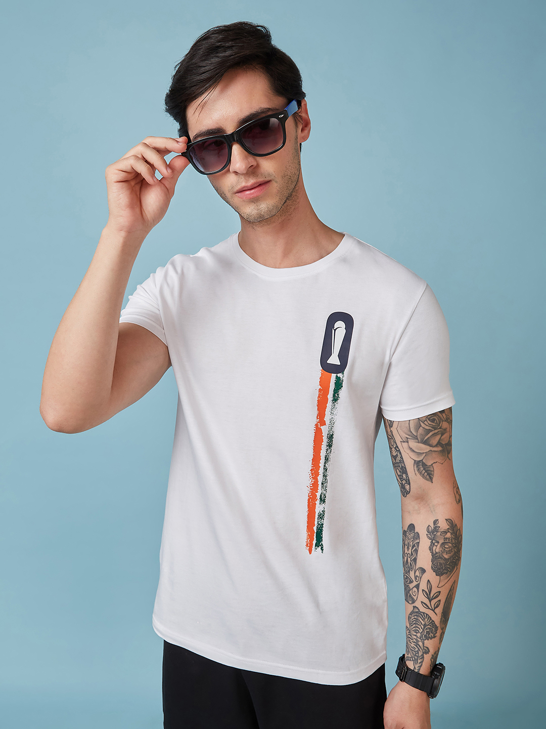 India ICC Champions Trophy 2025 Men White Logo Printed Half Sleeves Round Neck Cotton T-Shirt