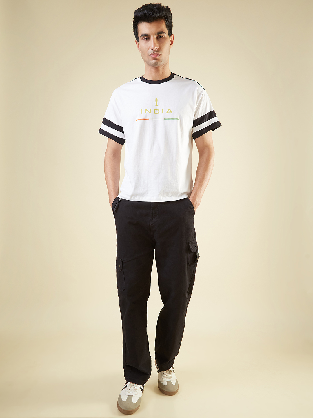 India ICC Champions Trophy 2025 Men White Typography Printed Half Sleeves Round Neck Cotton Oversized T-shirt (4)
