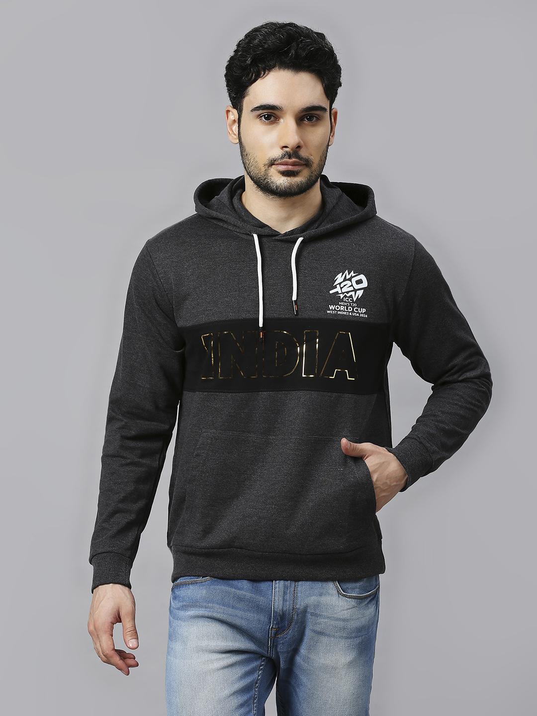 ICC Men's T20 WC-24 Anthra Melange Graphic Printed Full Sleeves Hooded Sweatshirt