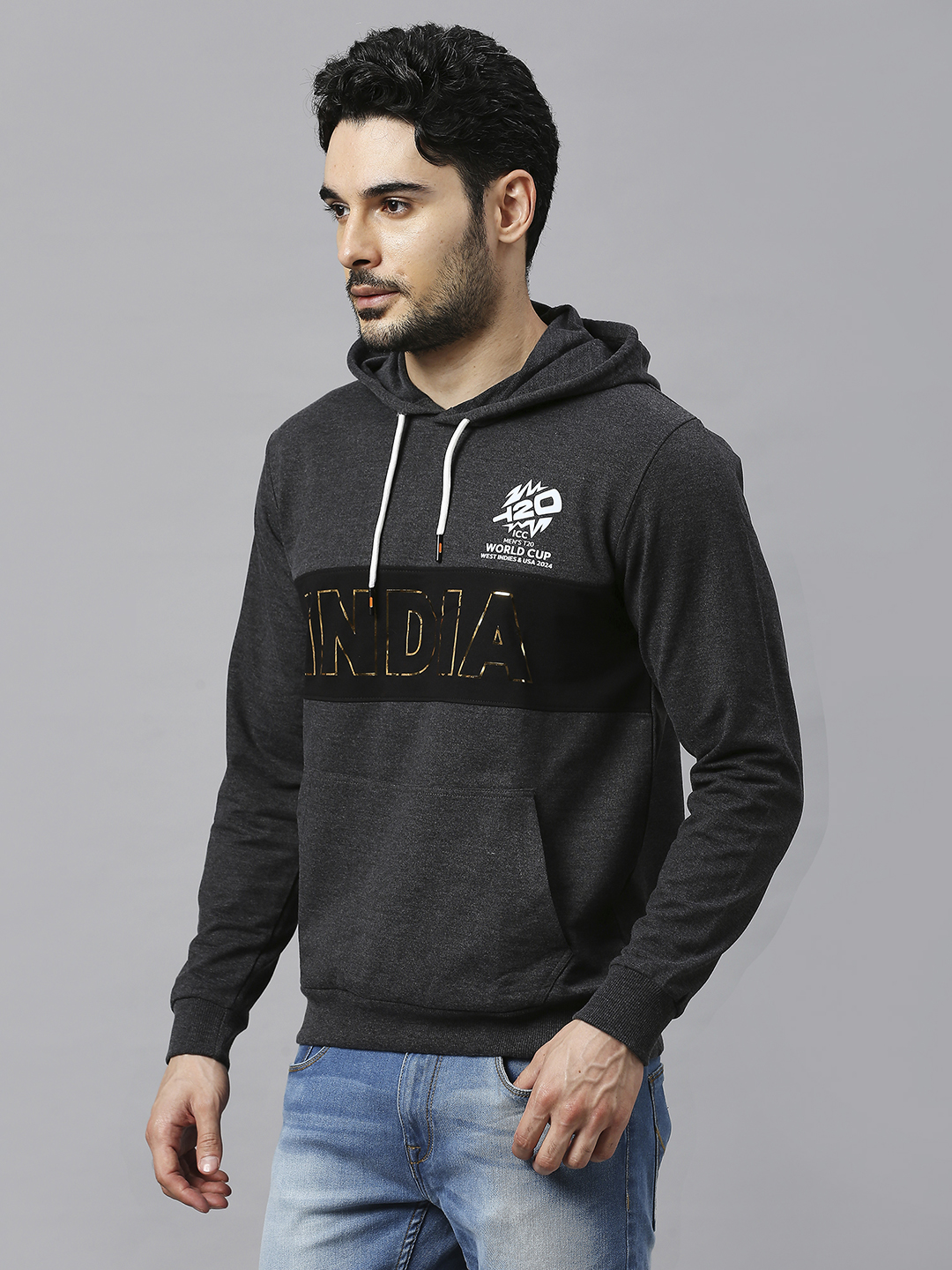 India ICC Men's T20 WC-24 Anthra Melange Graphic Printed Full Sleeves Hooded Sweatshirt (2)