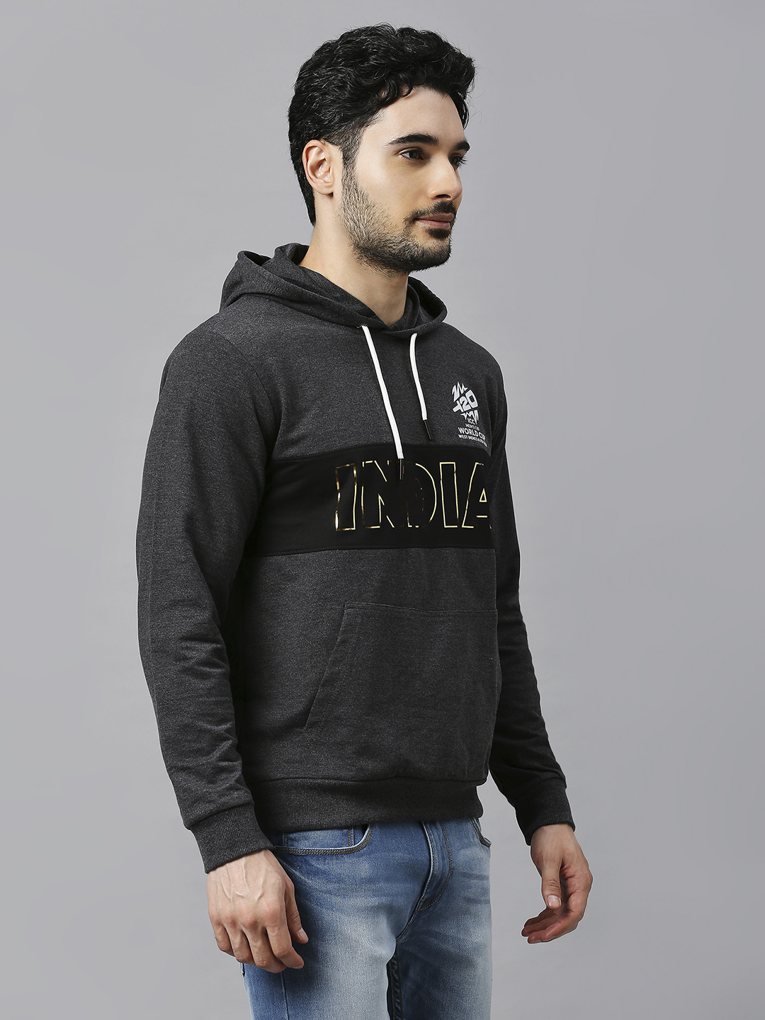 India ICC Men's T20 WC-24 Anthra Melange Graphic Printed Full Sleeves Hooded Sweatshirt (3)